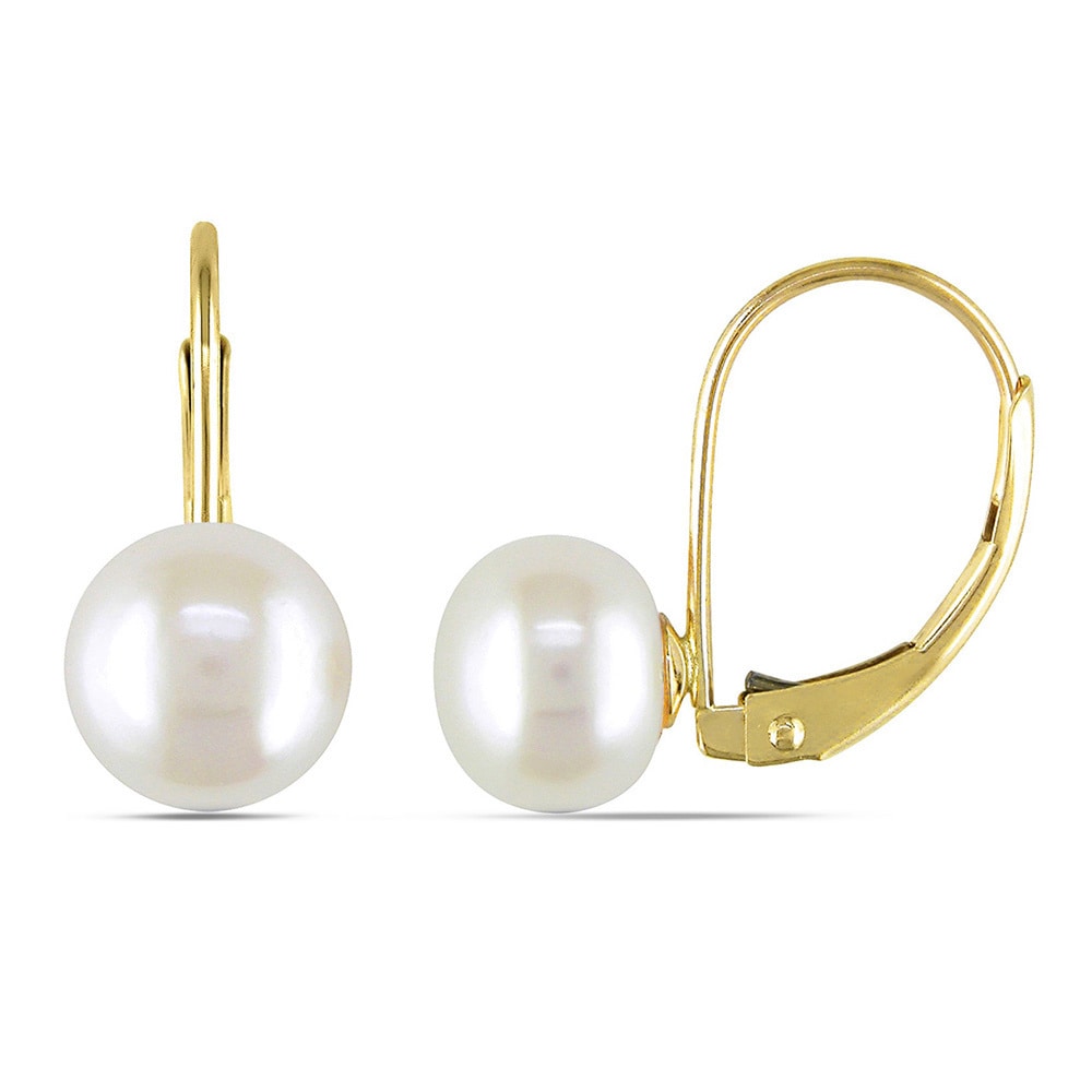 Miadora 10K Yellow Gold White Cultured Freshwater Pearl Earrings 7 7.5 Mm