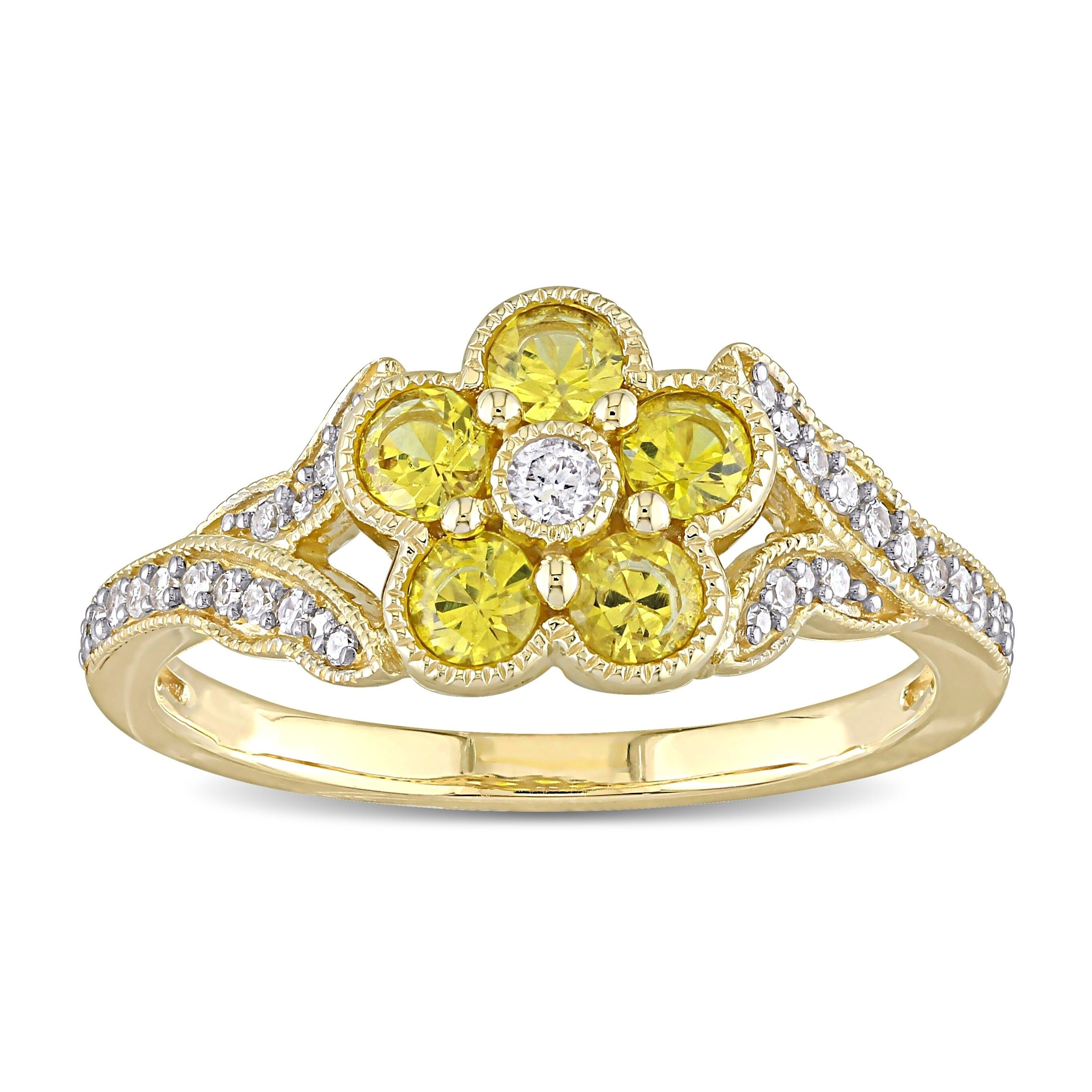Miadora 10K Yellow Gold Yellow Sapphire And 1 6Ct Tdw Diamond Split Shank Flower Ring