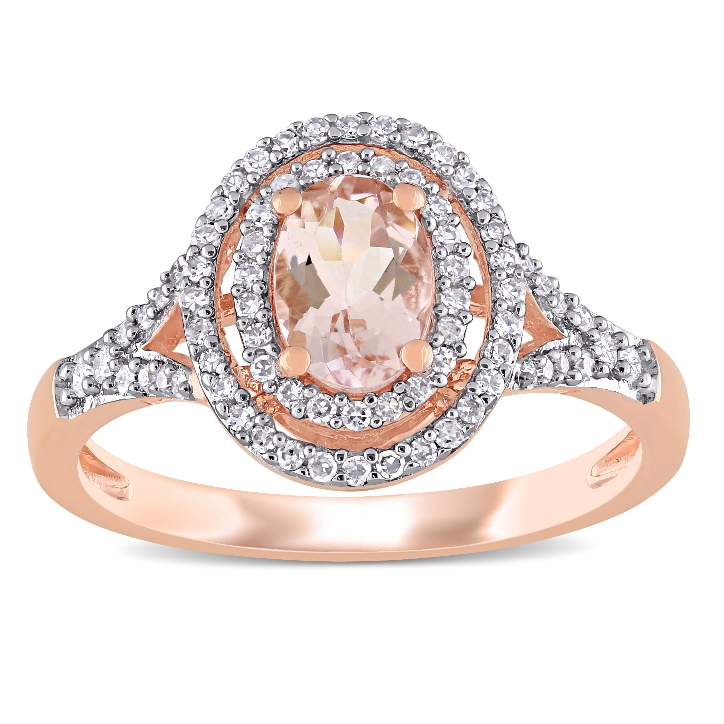 Miadora 14K Rose Gold Oval Cut Morganite And 1 4Ct Tdw Diamond Double Halo Engagement Ring