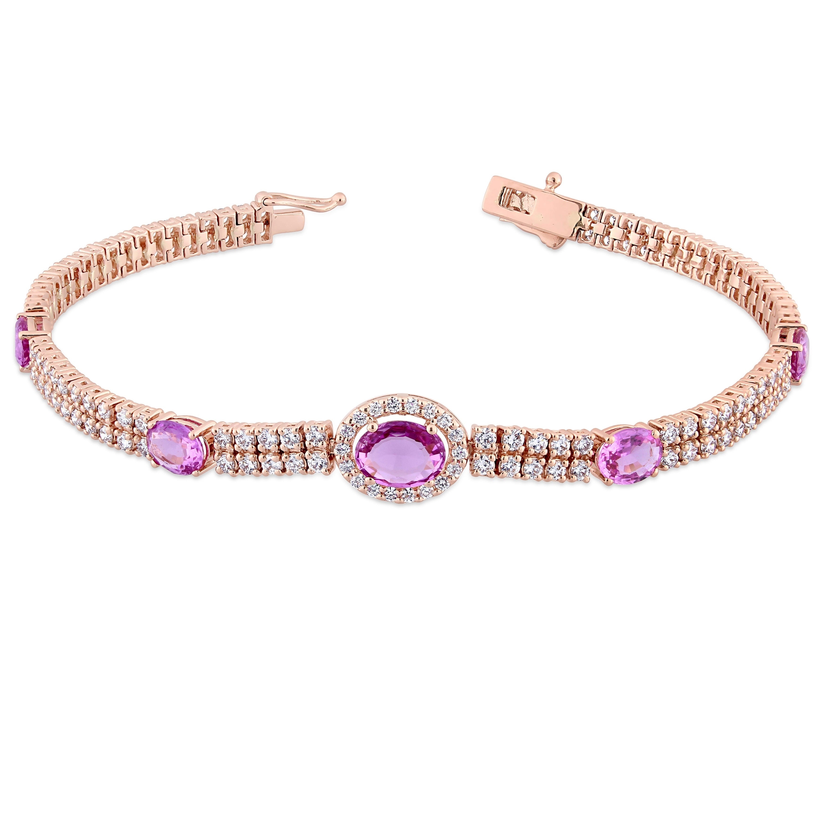 Miadora 14K Rose Gold Pink Sapphire 2 7 8Ct Tdw Diamond Tennis Halo Stationed Bracelet