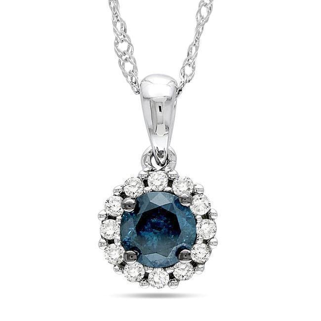 Miadora 14K White Gold 1 2Ct Tdw Blue And White Diamond Halo Necklace
