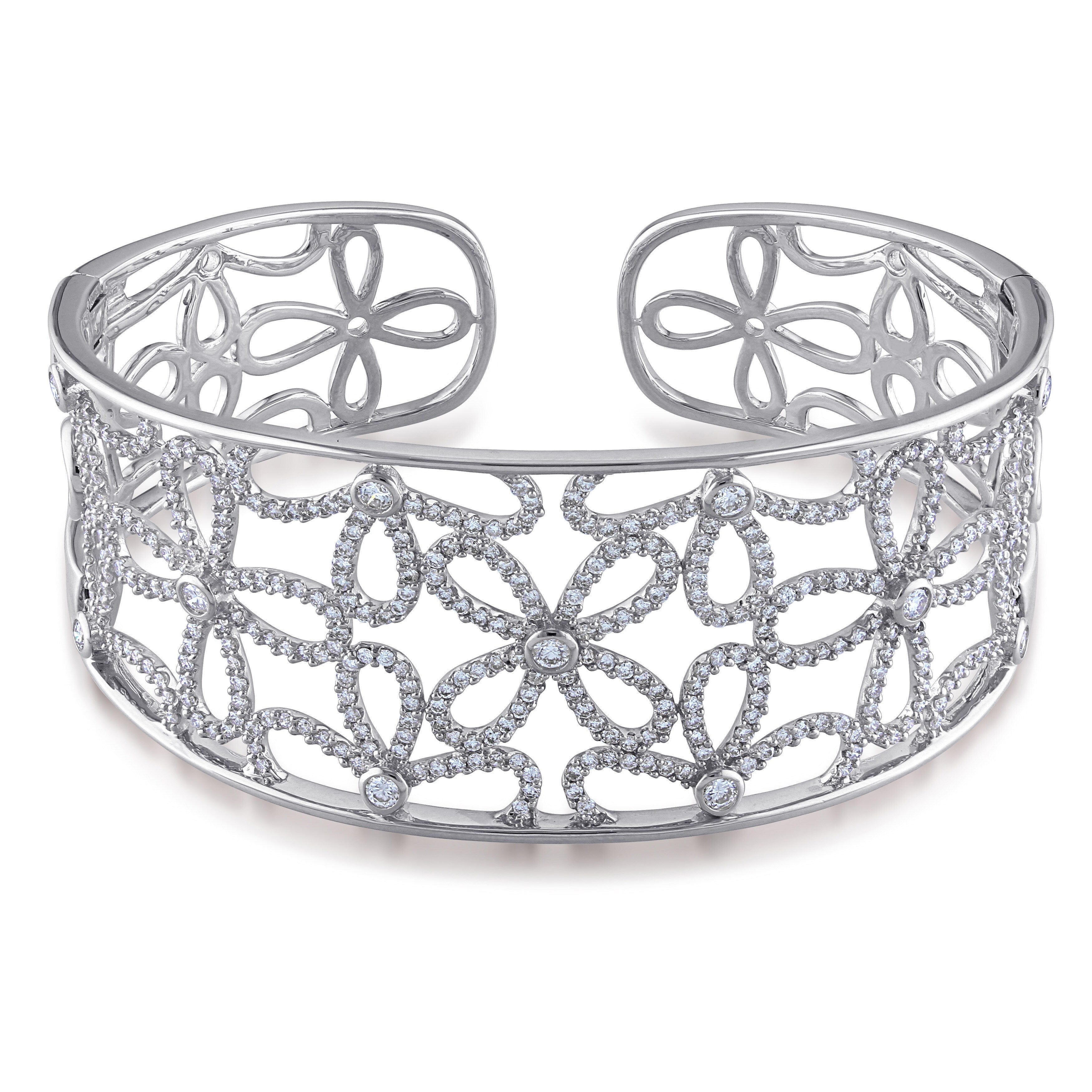 Miadora 14K White Gold 2 2 5Ct Tdw Diamond Filigree Floral Cuff Bangle Bracelet