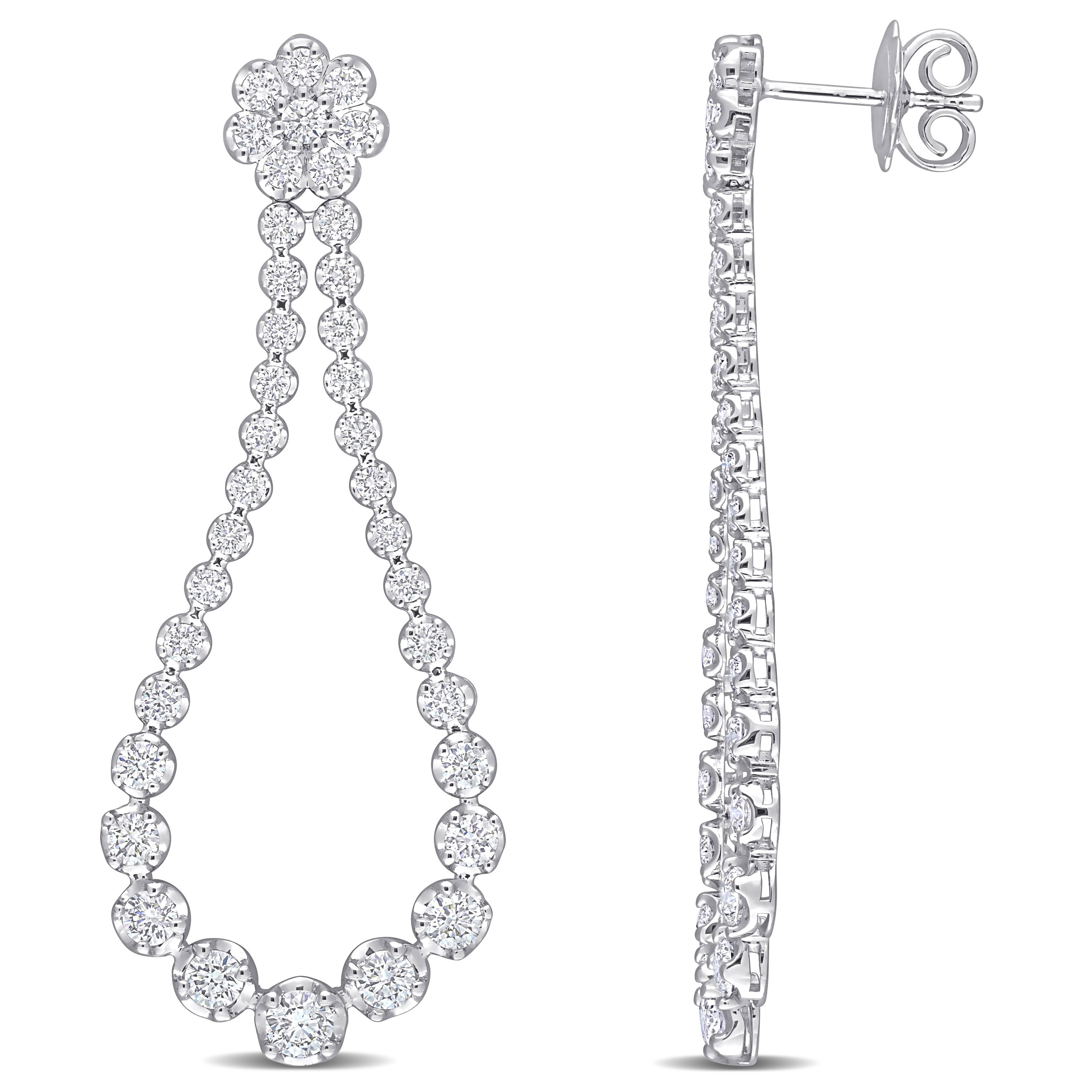Miadora 14K White Gold 2 3 4Ct Tdw Diamond Graduated Teardrop Floral Hoop Dangle Earrings