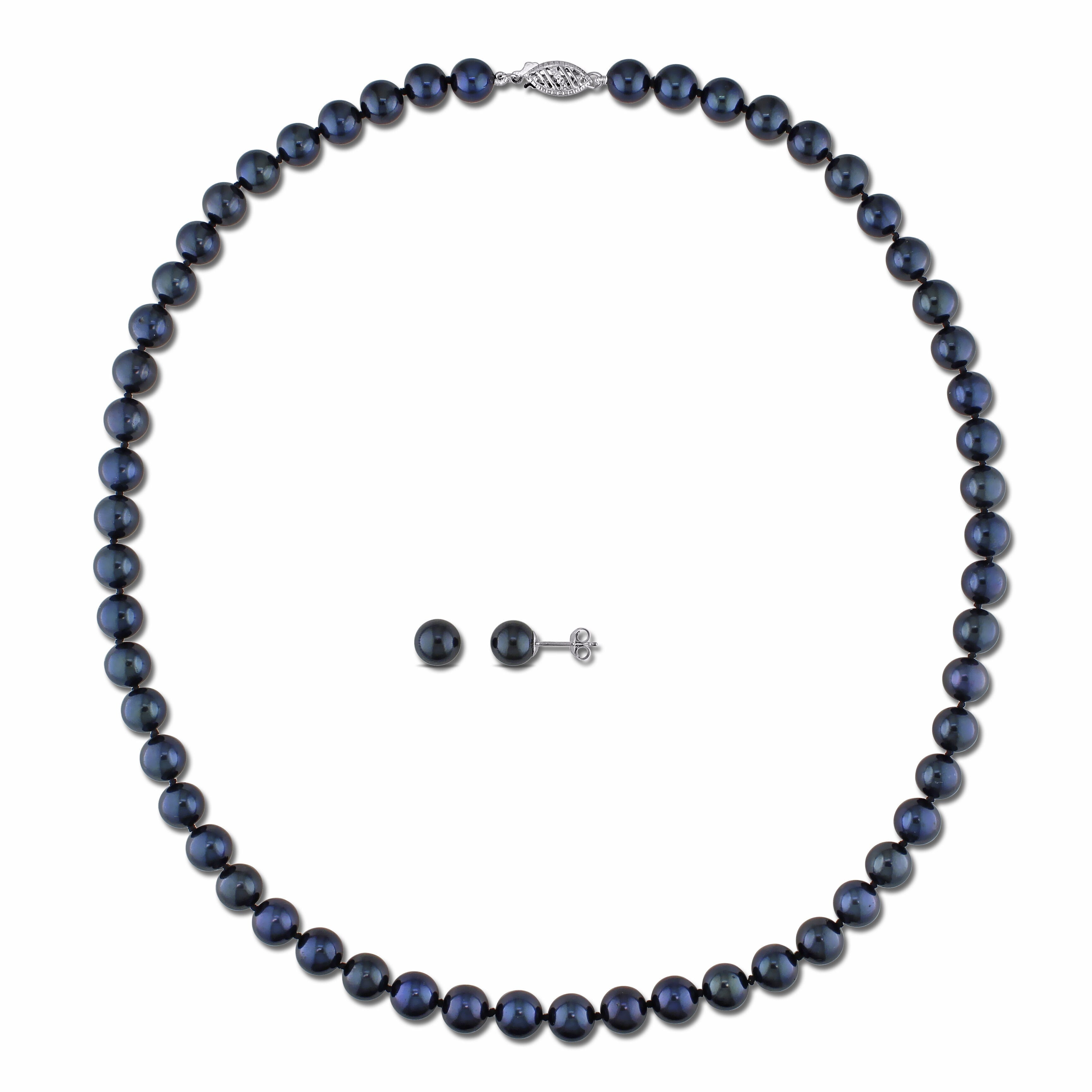 Miadora 14K White Gold 2 Piece Set Of Cultured Black Pearl Necklace And Earrings 6.5 7 Mm