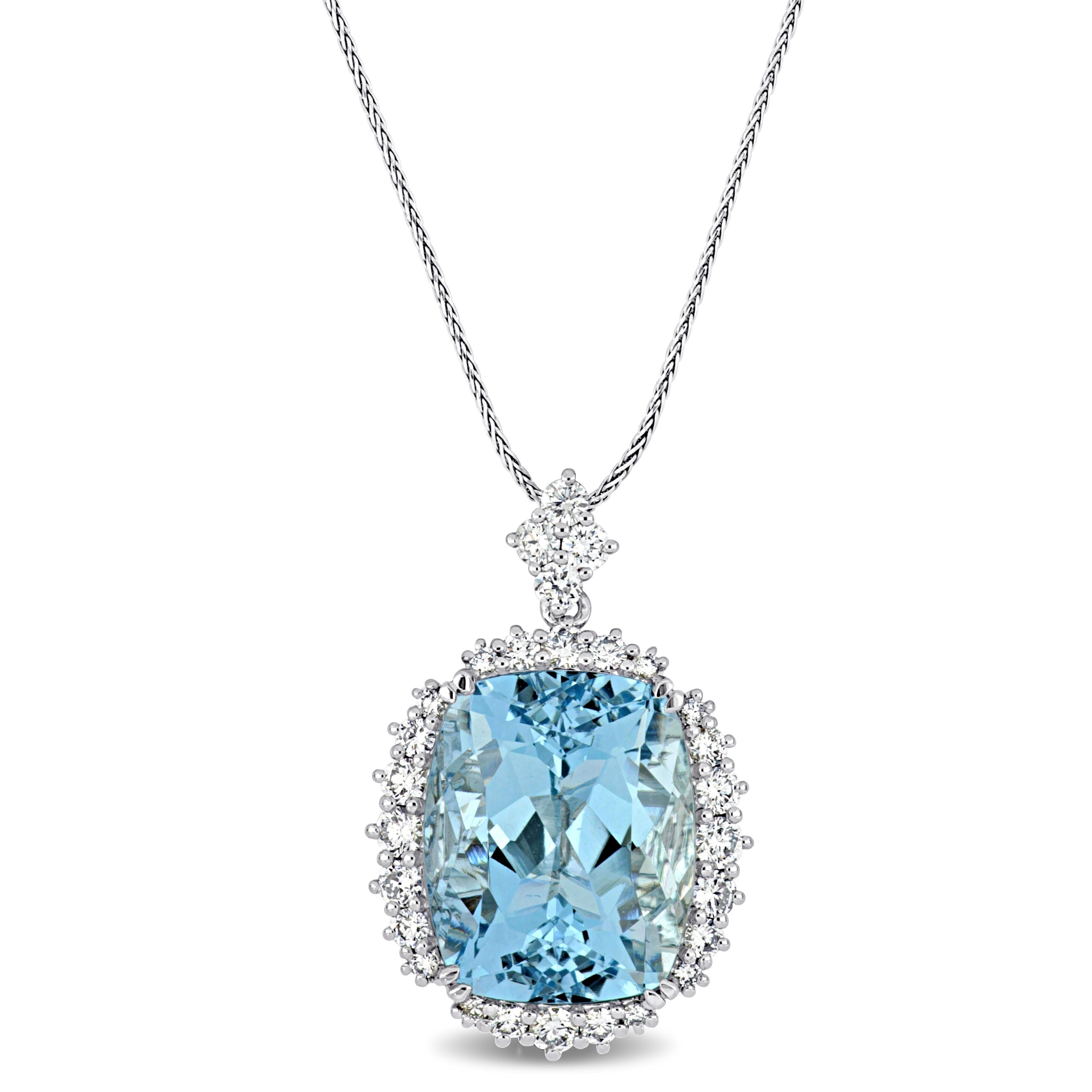 Miadora 14K White Gold Aquamarine 1 1 10Ct Tdw Diamond Halo Necklace
