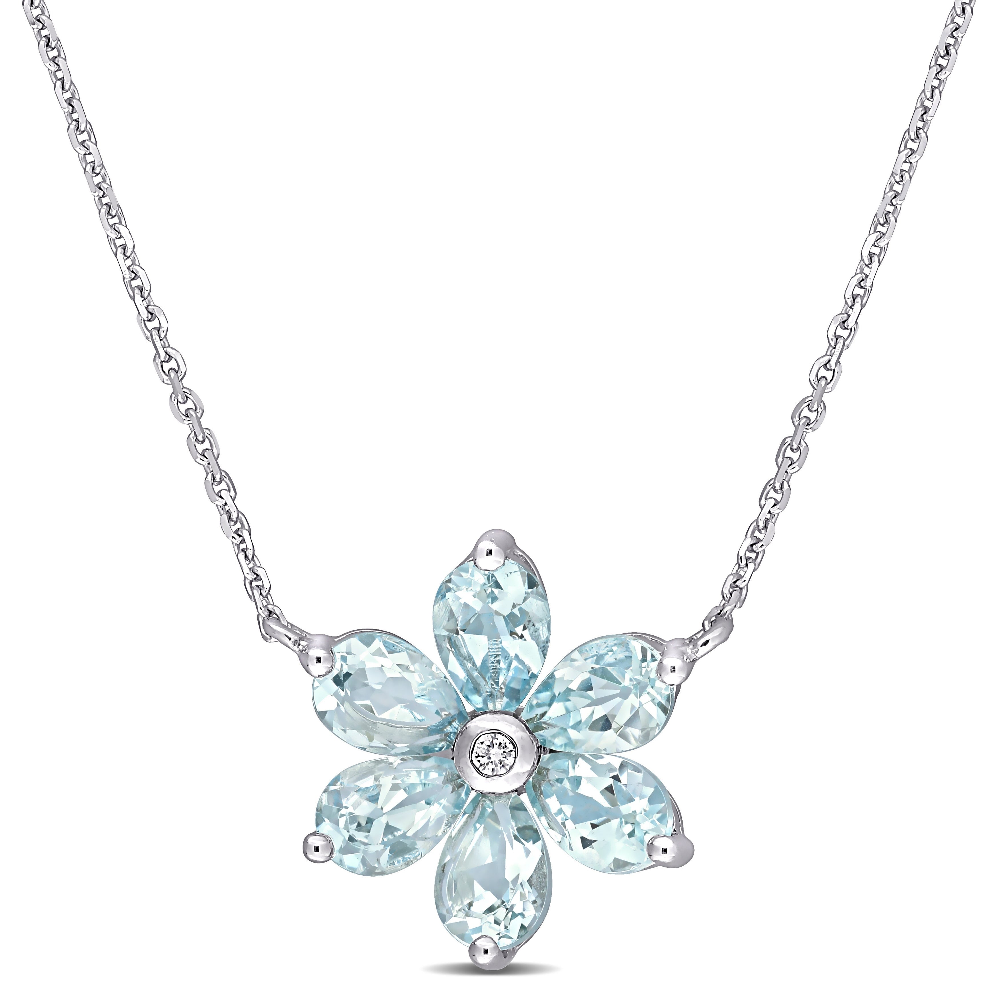 Miadora 14K White Gold Aquamarine And Diamond Accent Floral Station Necklace