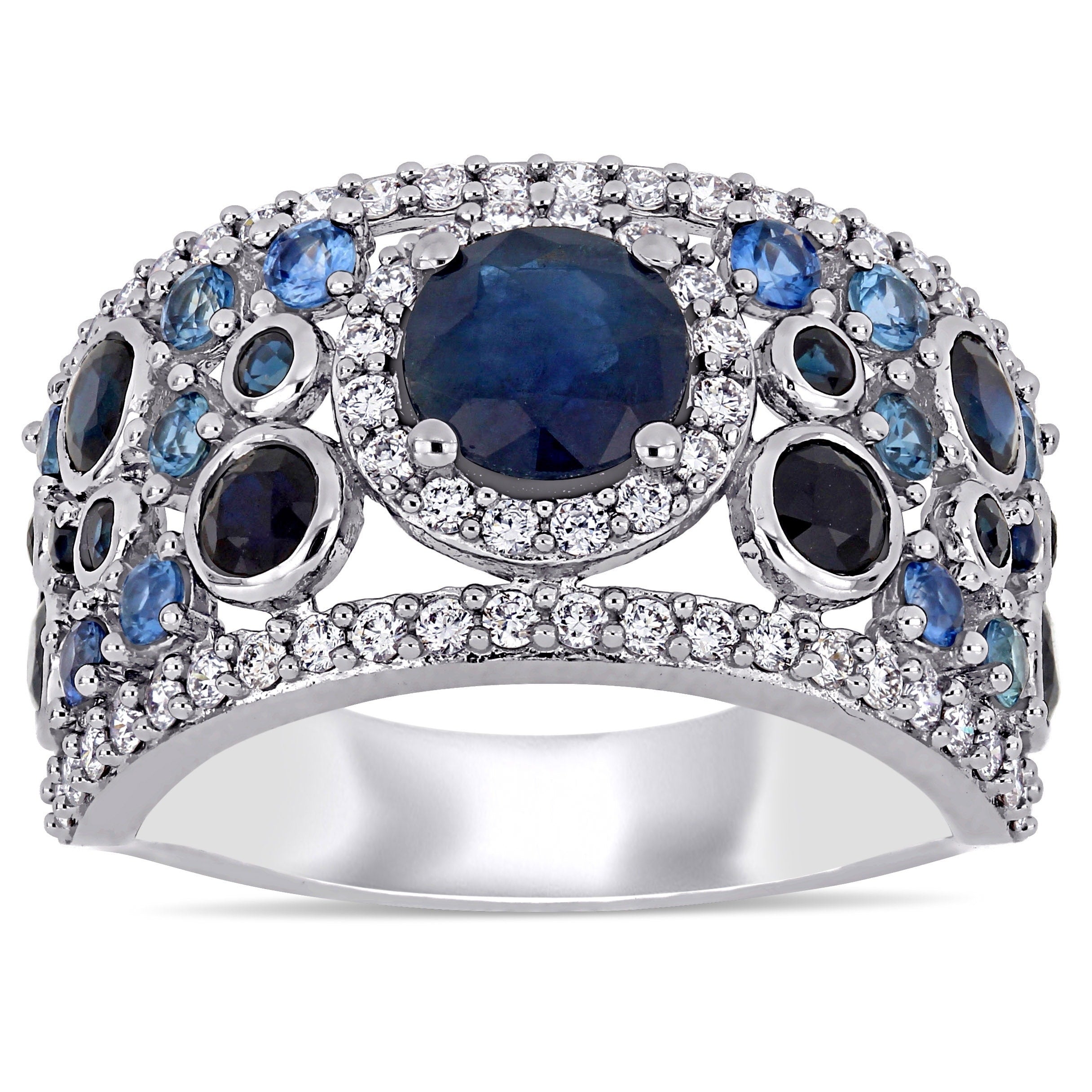 Miadora 14K White Gold Blue Sapphire And 1 2Ct Tdw Diamond Cluster Anniversary Band
