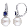 Miadora 14K White Gold Cultured Freshwater Pearls Sapphire And 1 8Ct Tdw Diamond Leverback Earrings G H Si1 Si2 9 9.5Mm