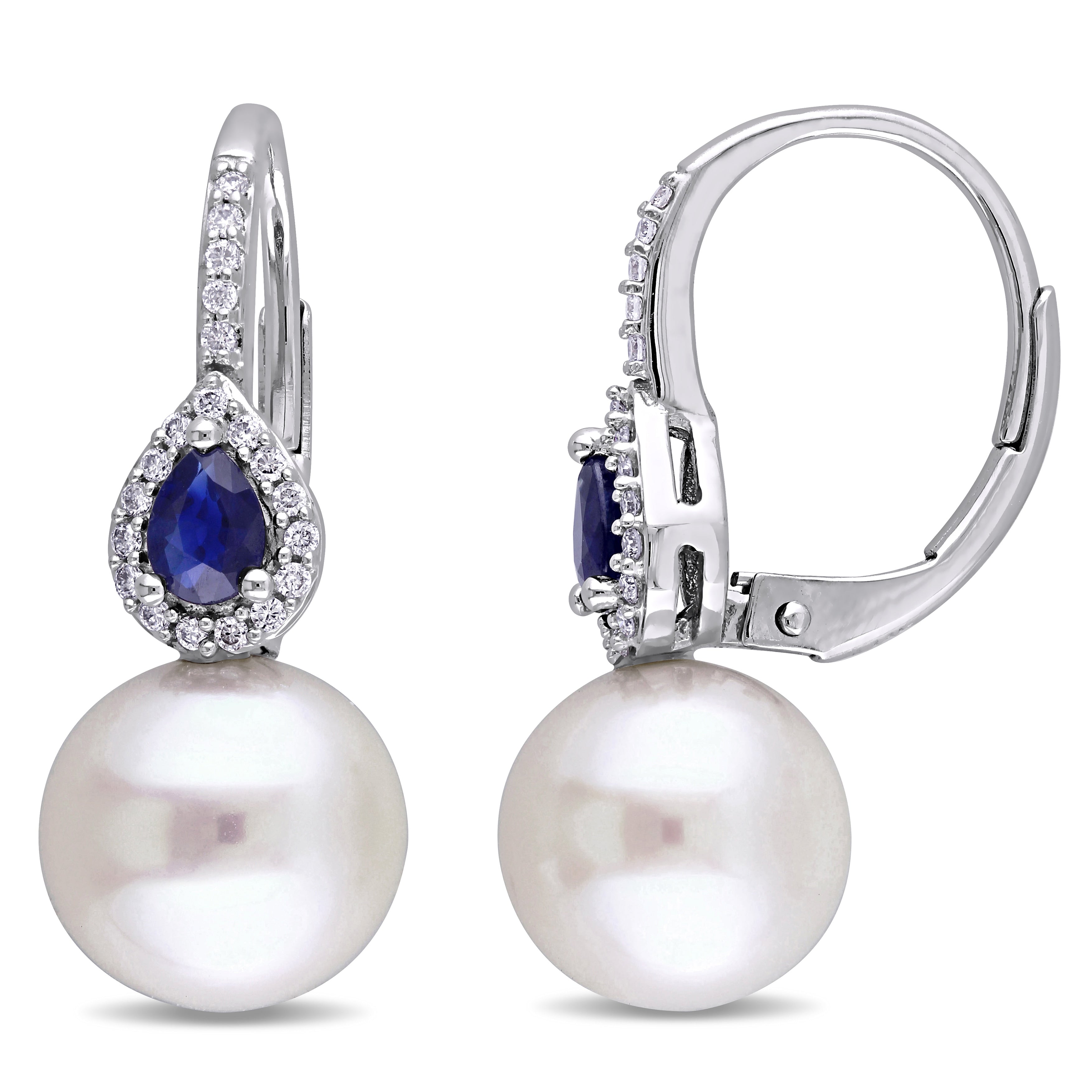 Miadora 14K White Gold Cultured Freshwater Pearls Sapphire And 1 8Ct Tdw Diamond Leverback Earrings G H Si1 Si2 9 9.5Mm
