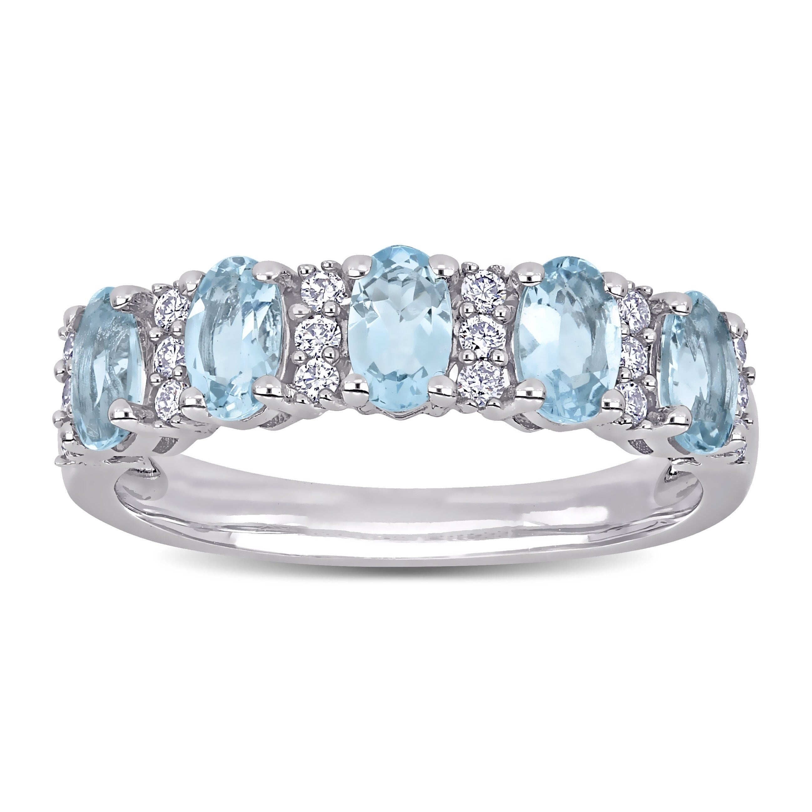 Miadora 14K White Gold Oval Cut Aquamarine And 1 6Ct Tdw Diamond Anniversary Band