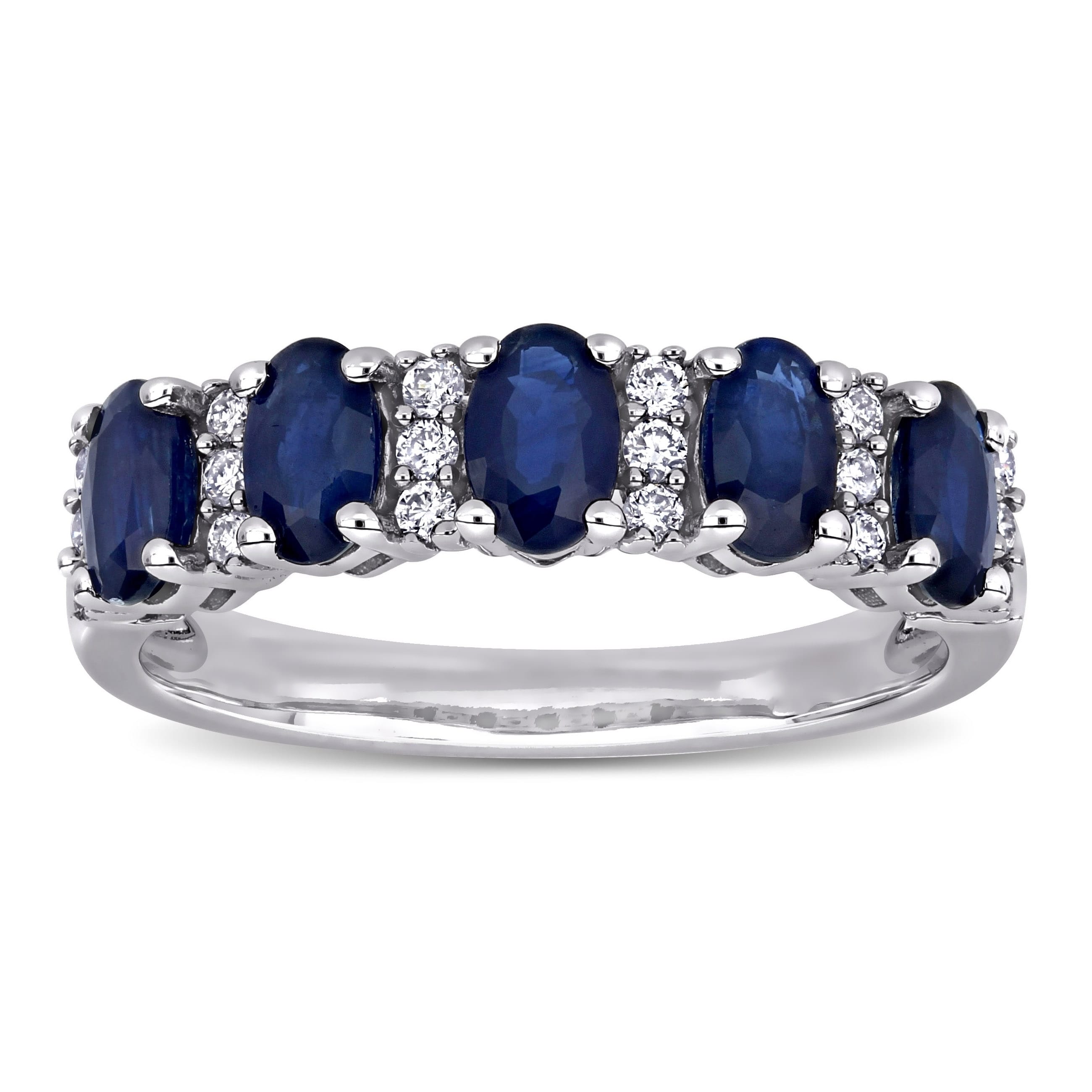 Miadora 14K White Gold Oval Cut Blue Sapphire And 1 6Ct Tdw Diamond Anniversary Band