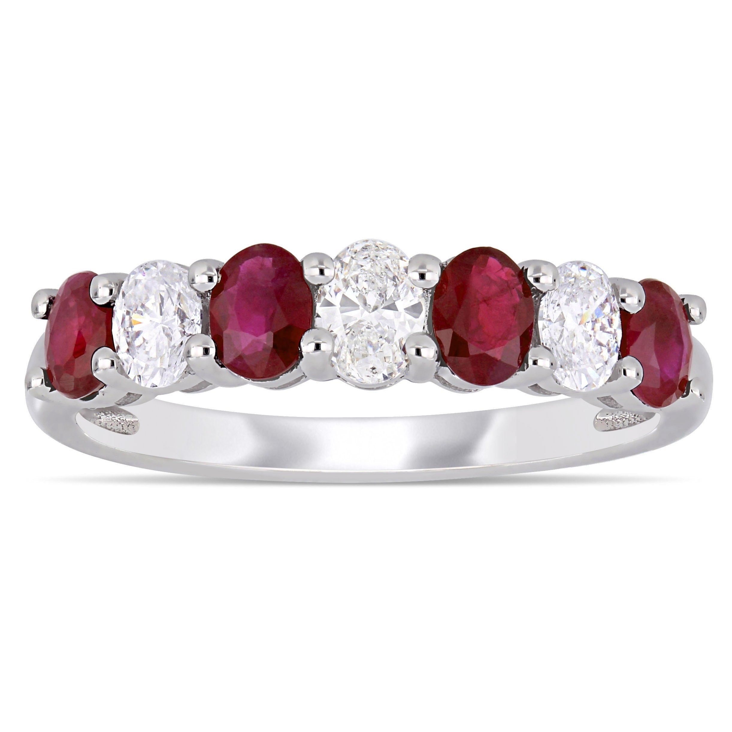 Miadora 14K White Gold Oval Cut Ruby And 1 2Ct Tdw Diamond Semi Eternity Anniversary Band