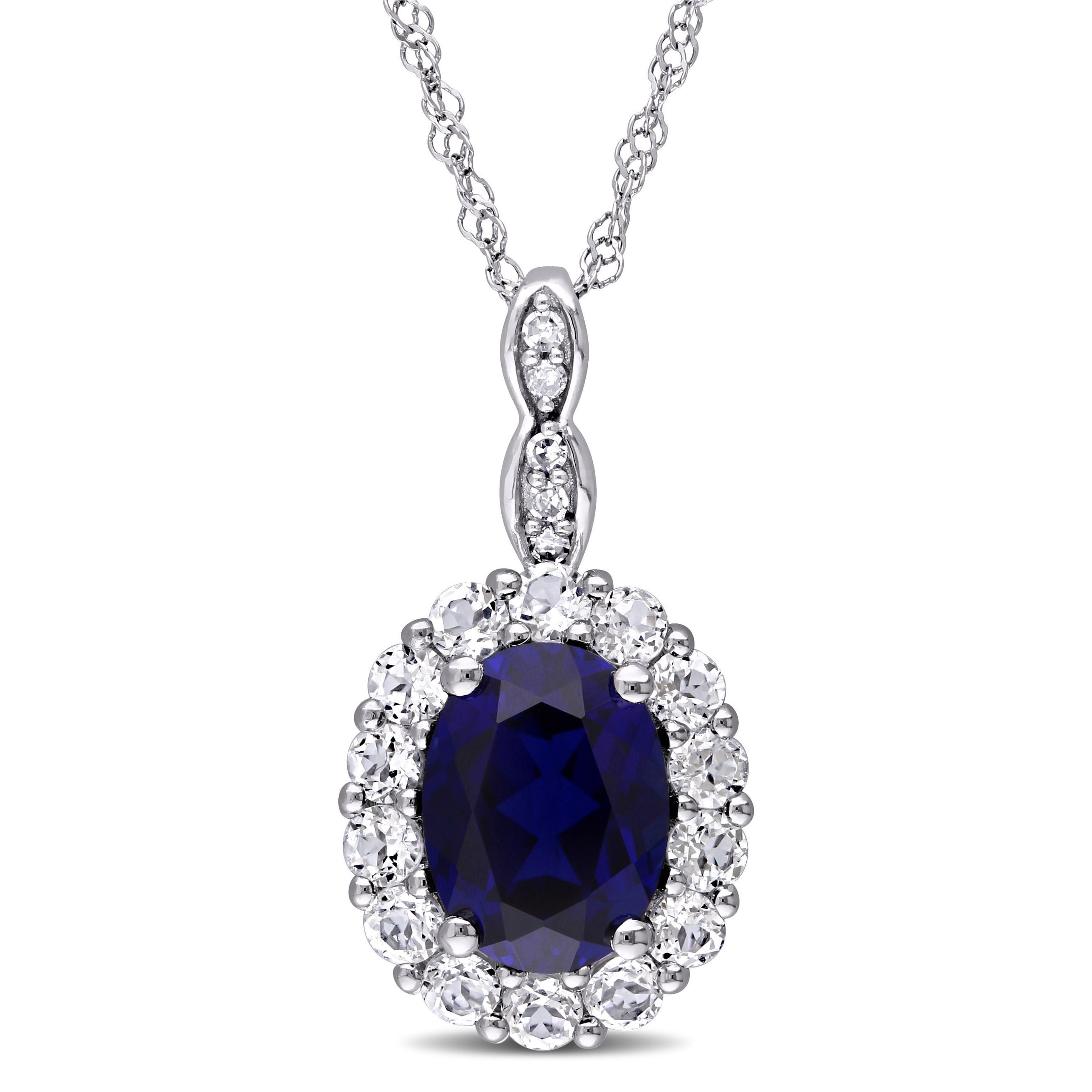 Miadora 14K White Gold Oval Cut Created Blue Sapphire White Topaz And Diamond Accent Halo Necklace