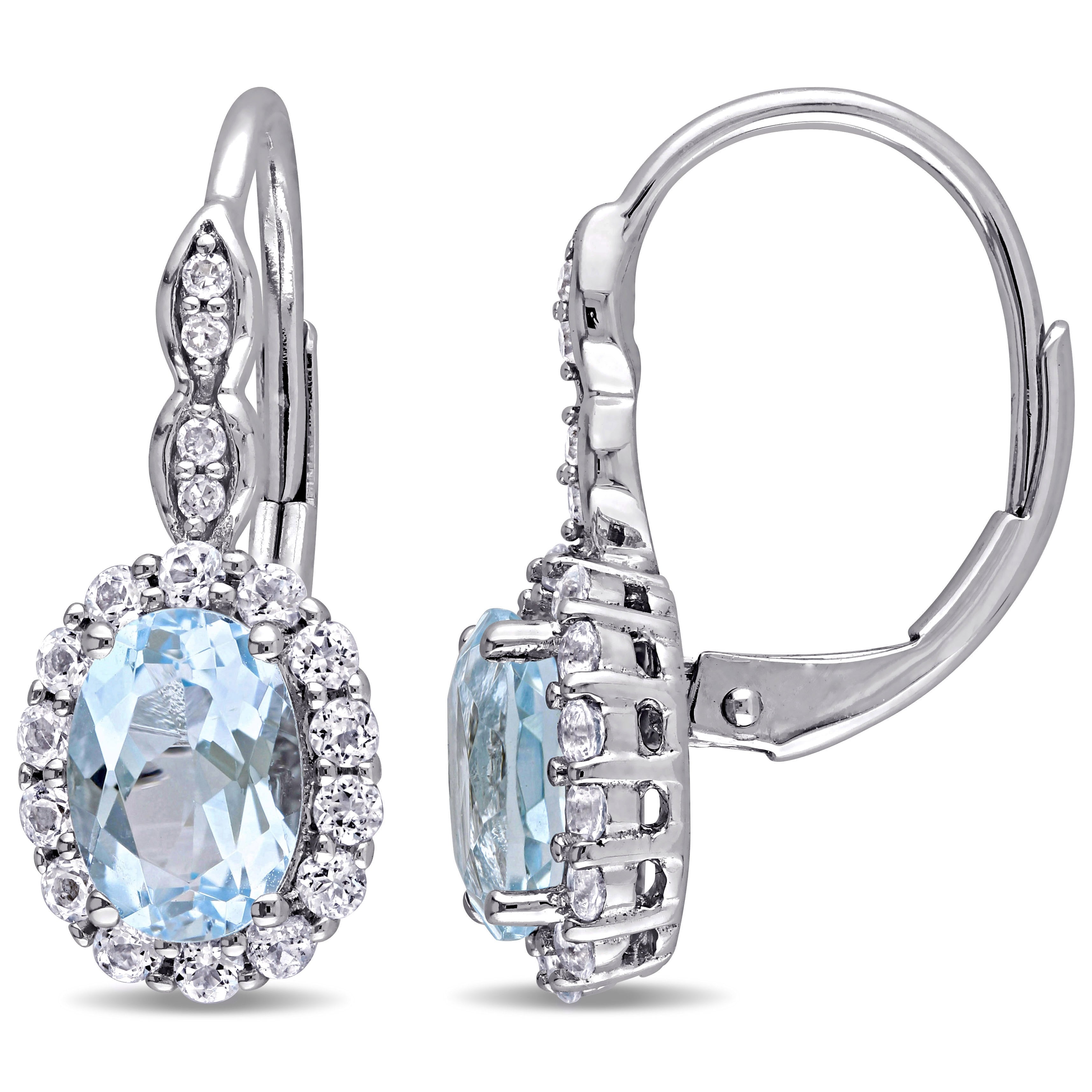 Miadora 14K White Gold Oval Cut Sky Blue Topaz White Topaz And Diamond Accent Halo Leverback Earrings