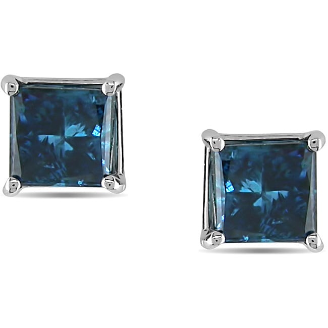Miadora 14K White Gold Princess Blue Diamond Stud Earrings