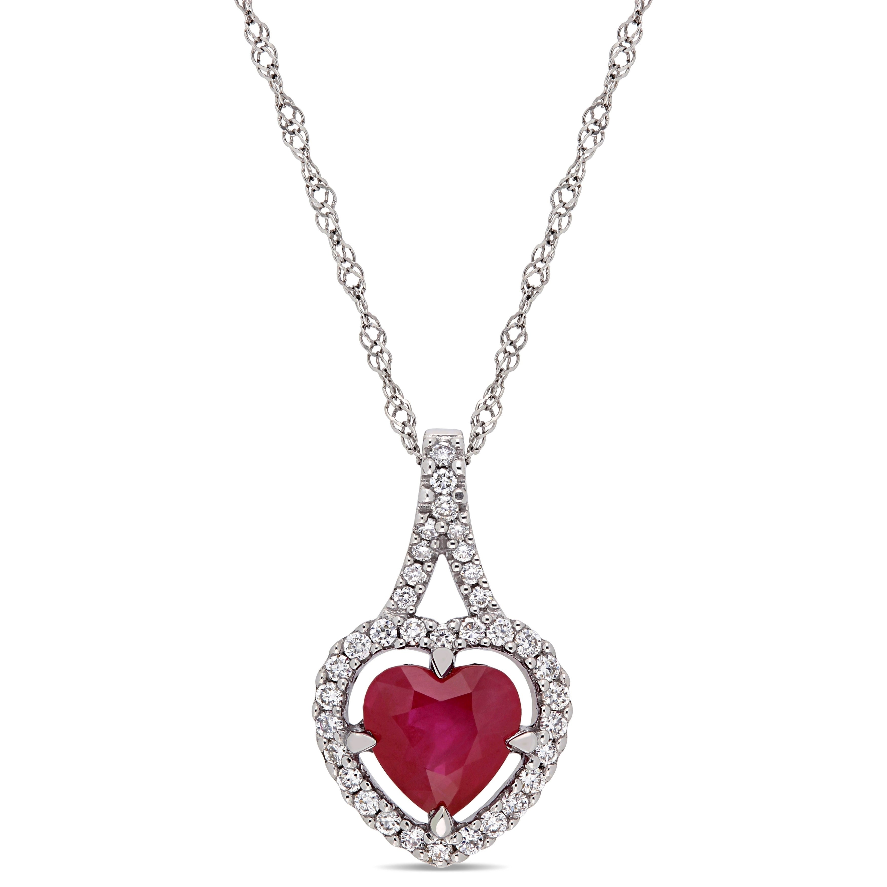 Miadora 14K White Gold Ruby And 1 6Ct Tdw Diamond Heart Halo Necklace