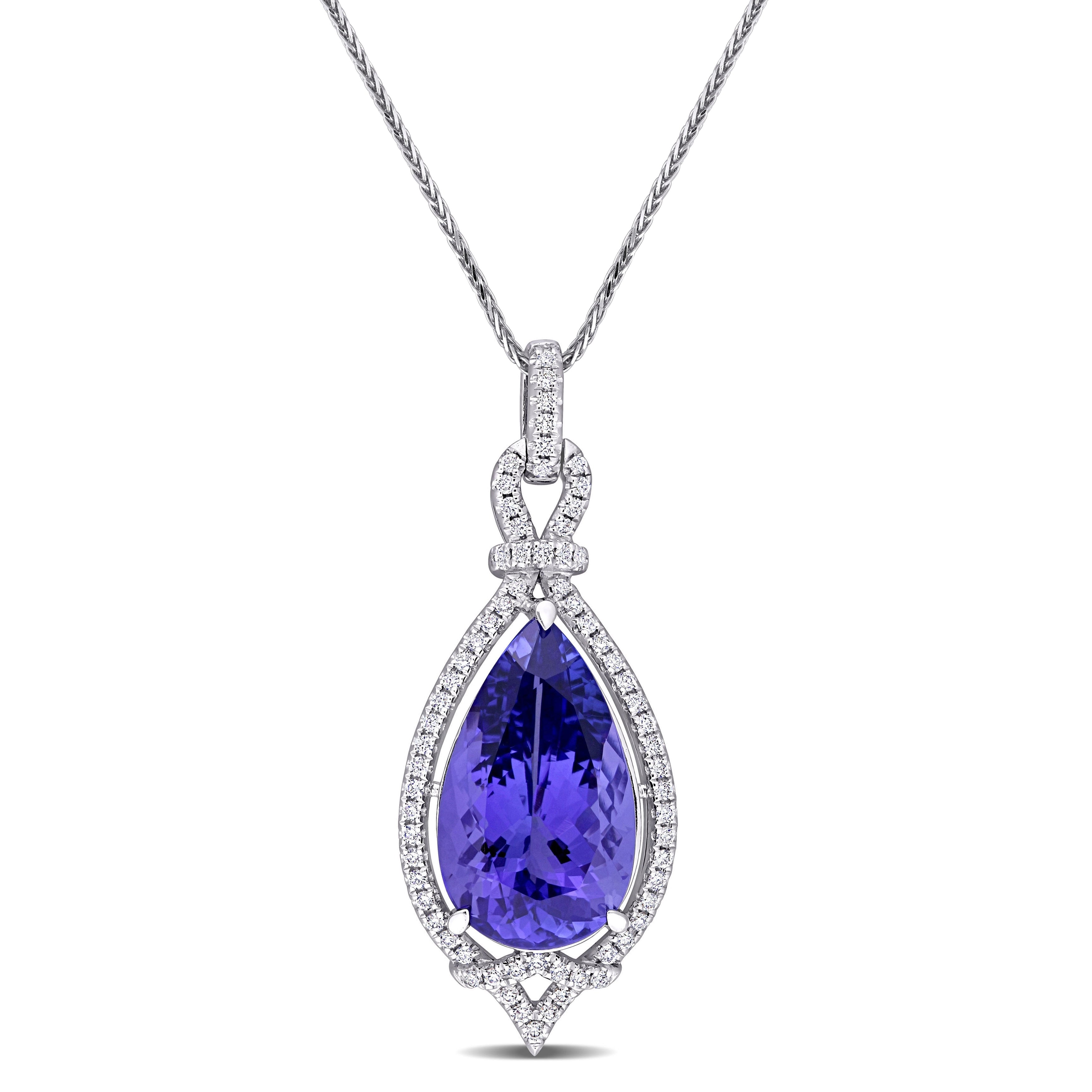 Miadora 14K White Gold Tanzanite And 1 3Ct Tdw Diamond Teardrop Halo Necklace 35.4 Mm X 18 Inch X 13.8 Mm