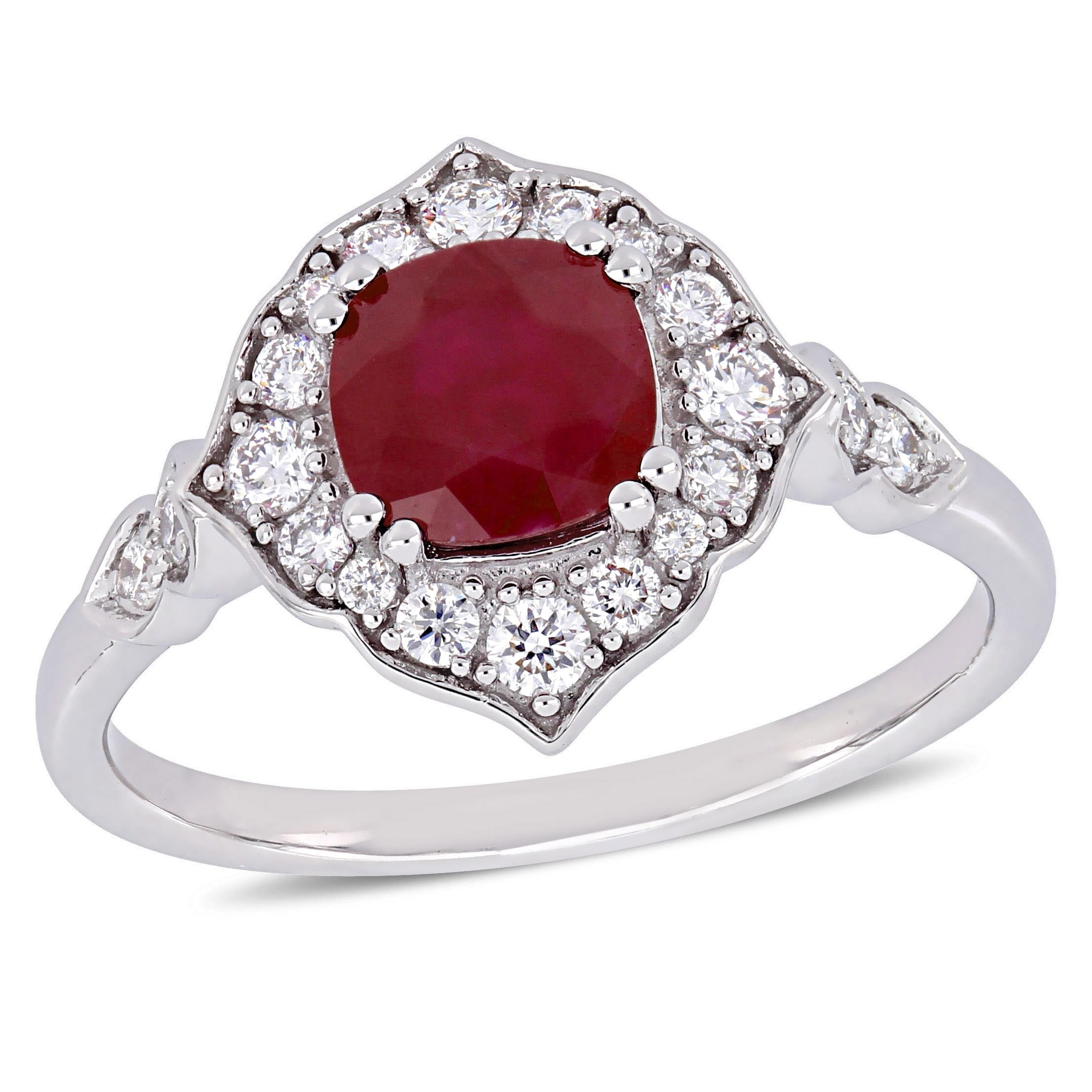 Miadora 14K White Gold Ruby And 1 3Ct Tdw Diamond Halo Engagement Ring