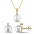 Miadora 14K Yellow Gold Cultured Freshwater Pearl And 1 7Ct Tdw Diamond 2 Piece Necklace And Stud Earrings Set 8 9 Mm White