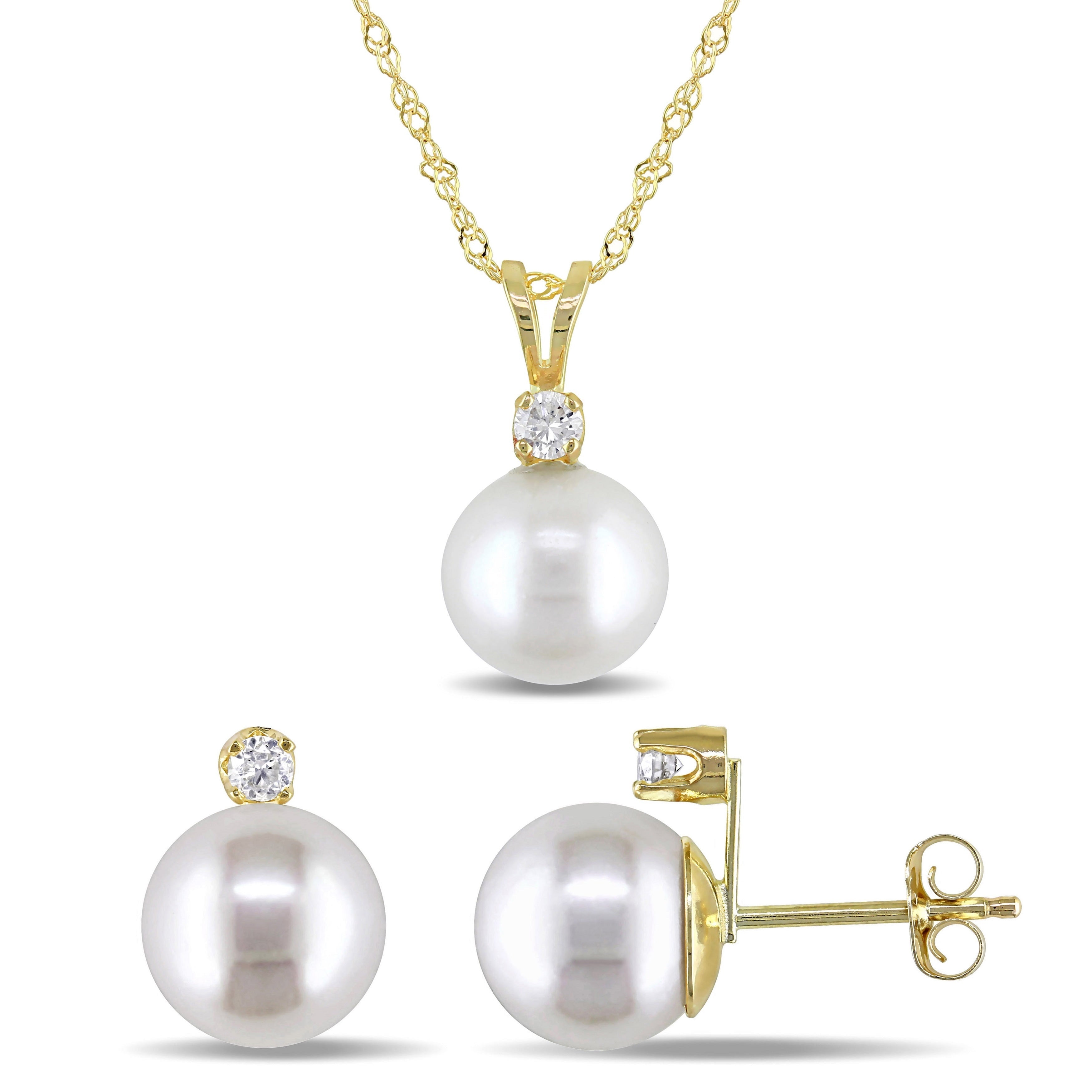 Miadora 14K Yellow Gold Cultured Freshwater Pearl And 1 7Ct Tdw Diamond 2 Piece Necklace And Stud Earrings Set 8 9 Mm White