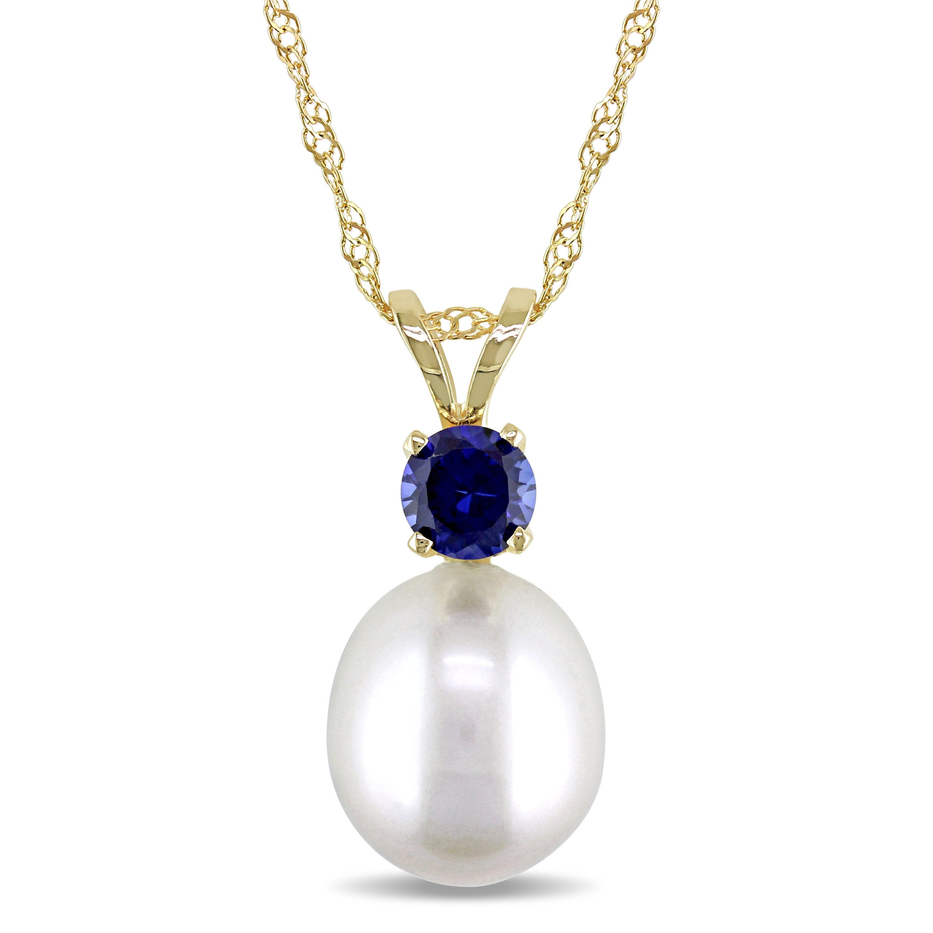 Miadora 14K Yellow Gold Cultured Freshwater Pearl And Sapphire Necklace 8 8.5Mm White