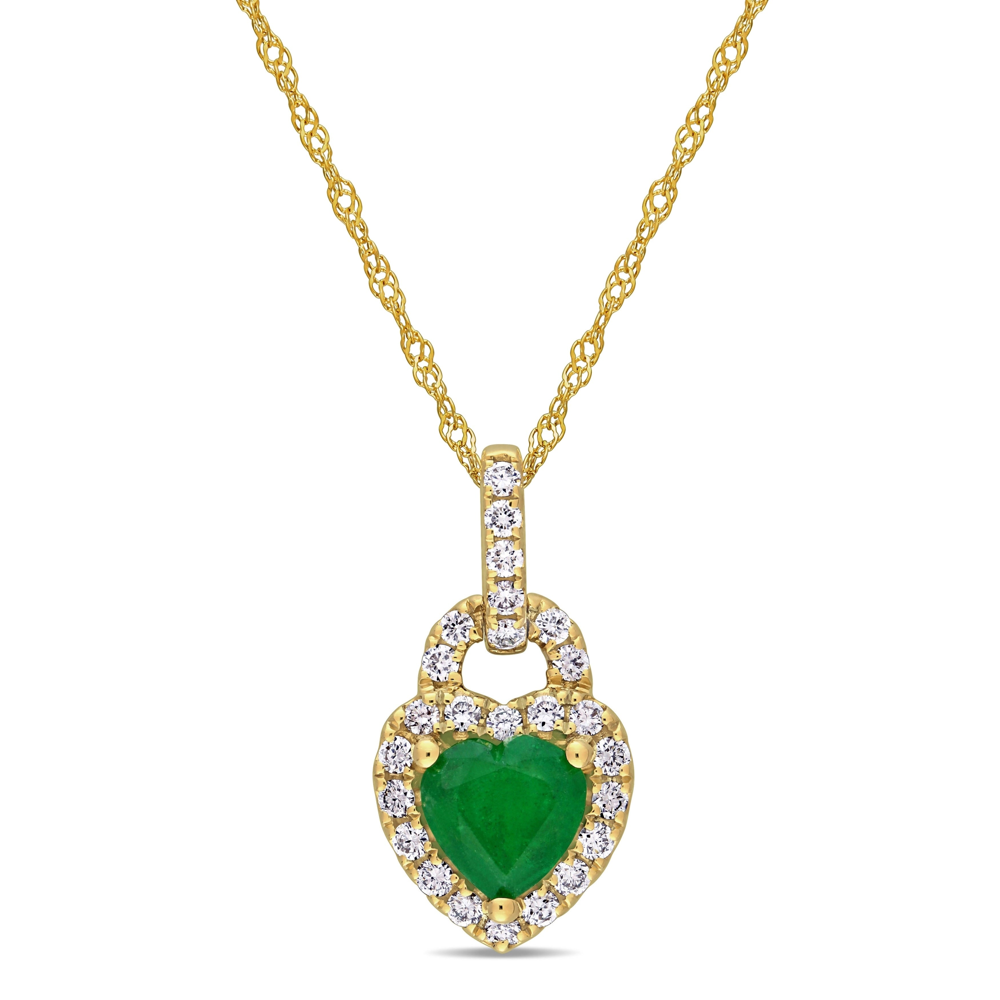 Miadora 14K Yellow Gold Emerald 1 4Ct Tdw Diamond Halo Heart Necklace