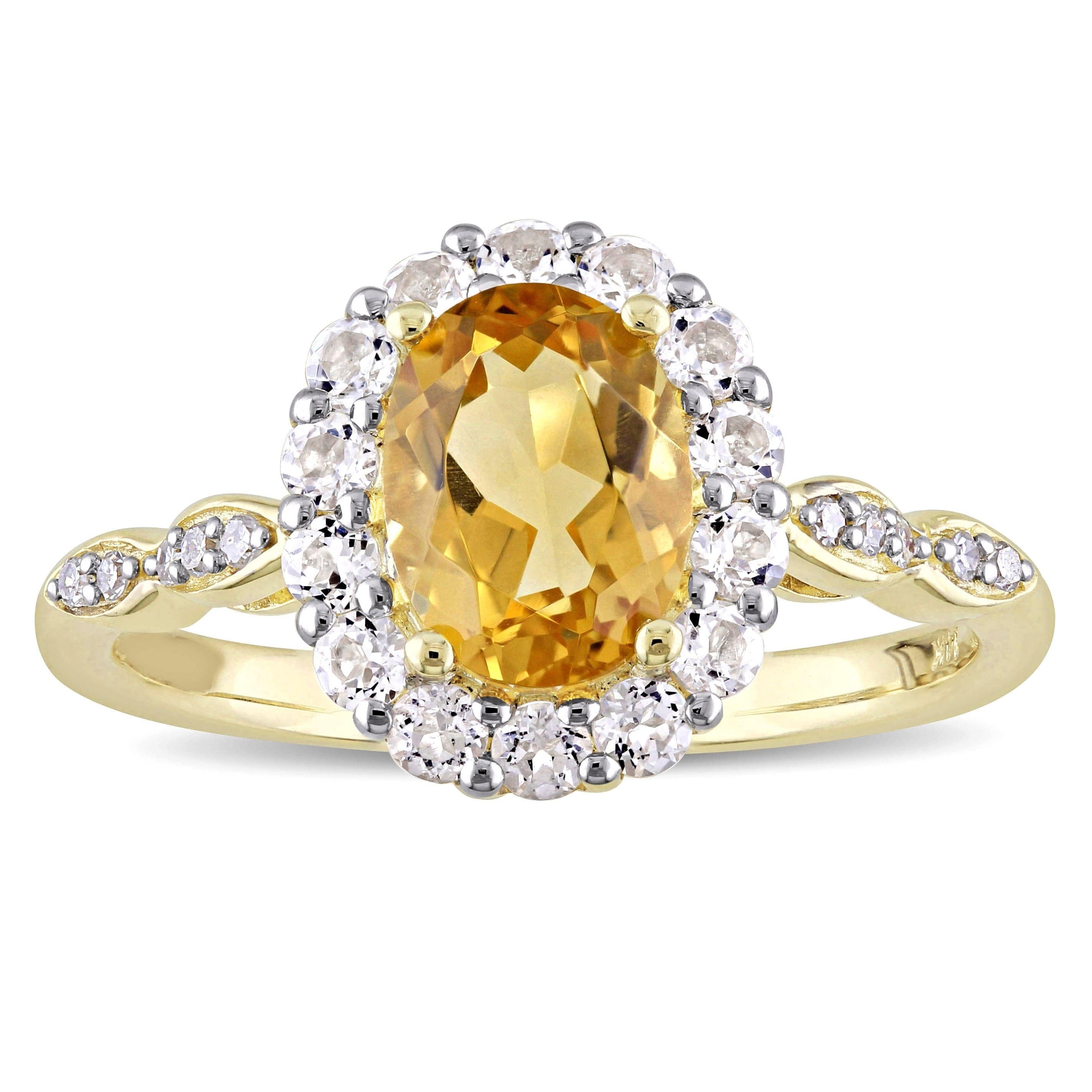 Miadora 14K Yellow Gold Oval Cut Citrine White Topaz And Diamond Accent Halo Engagement Ring