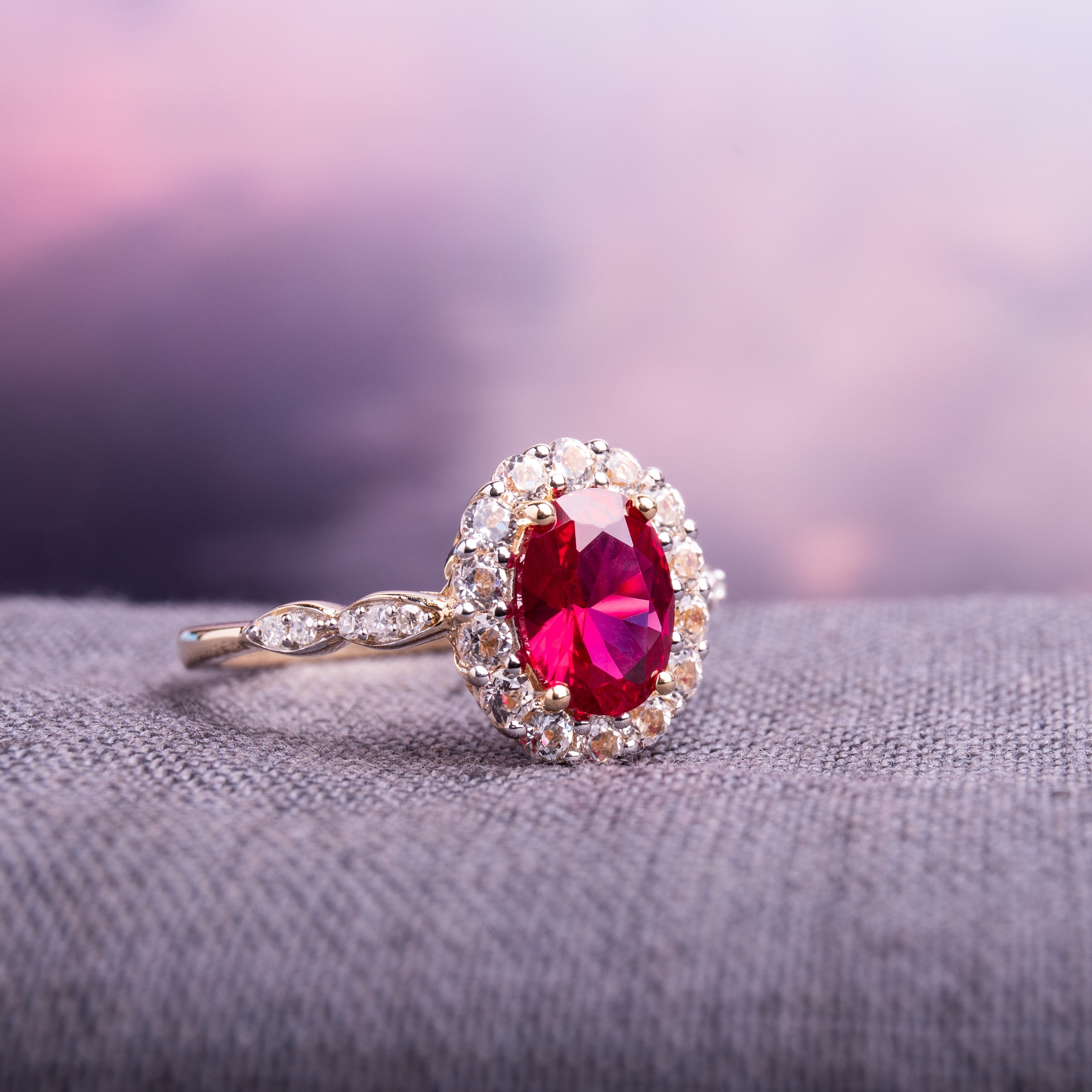 Miadora 14K Yellow Gold Oval Cut Created Ruby White Topaz And Diamond Accent Halo Cocktail Ring