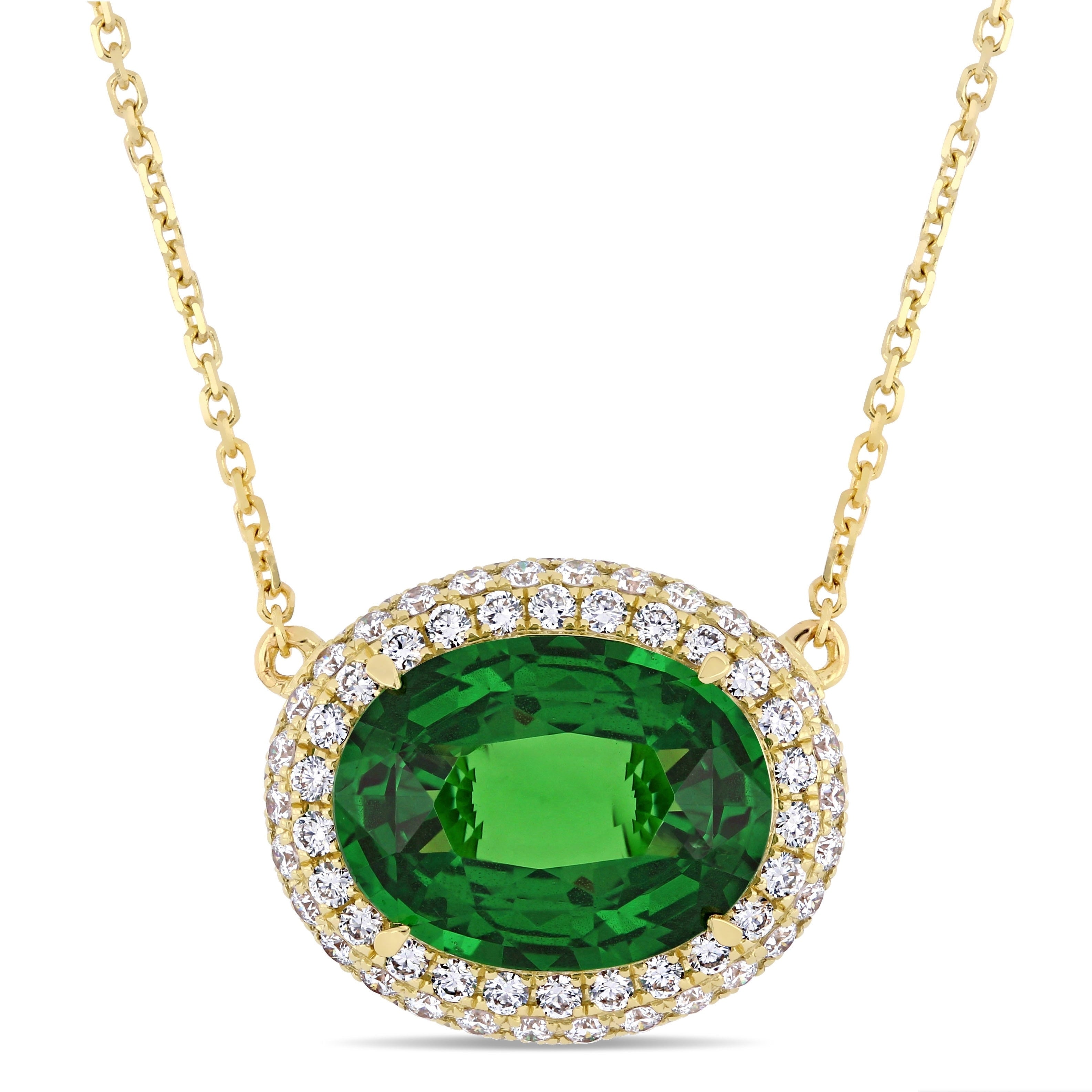 Miadora 14K Yellow Gold Tsavorite 3 4Ct Tdw Diamond Oval Halo Necklace