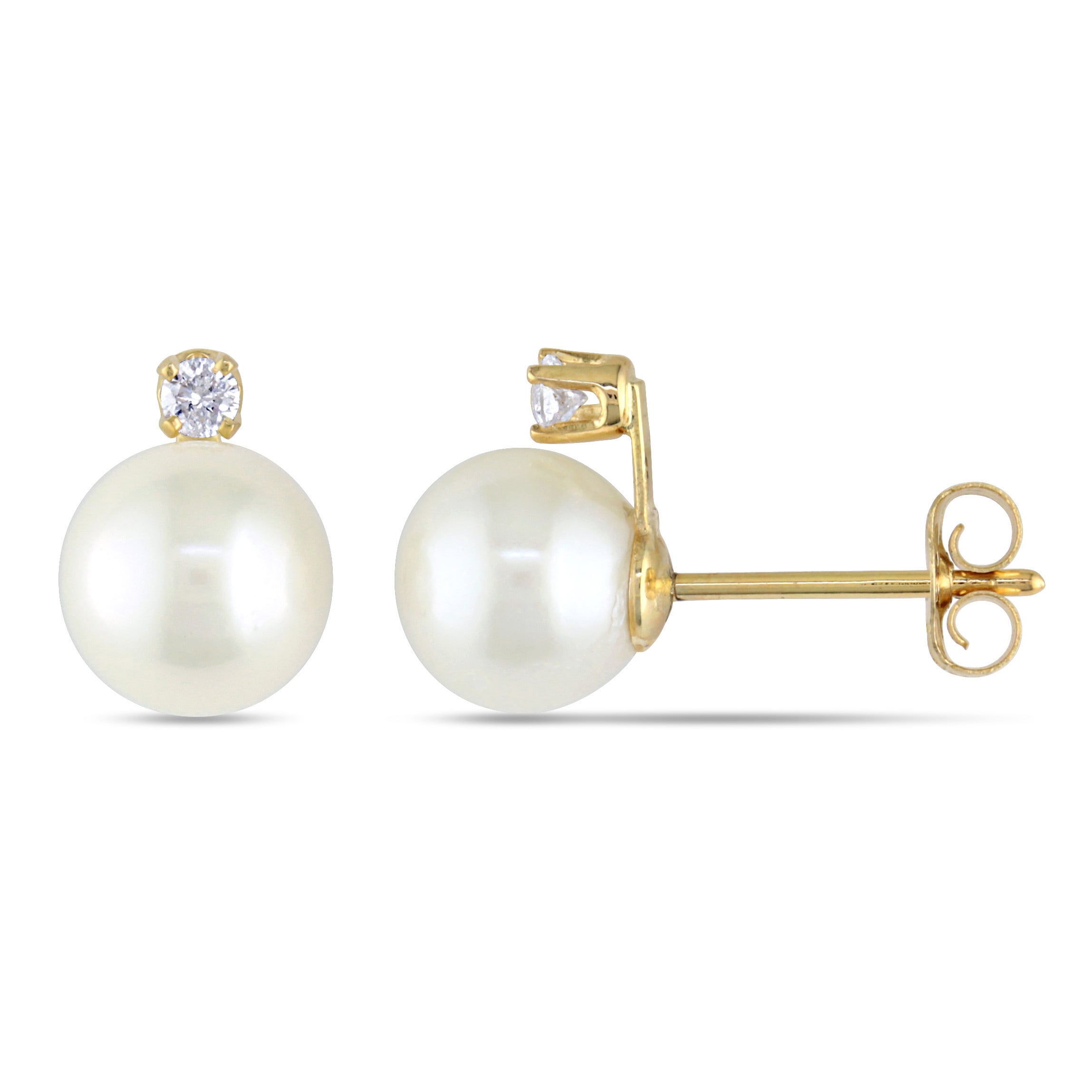 Miadora 14K Yellow Gold White Cultured Akoya Pearl And Diamond Stud Earrings H I I1 I2 6.5 7 Mm