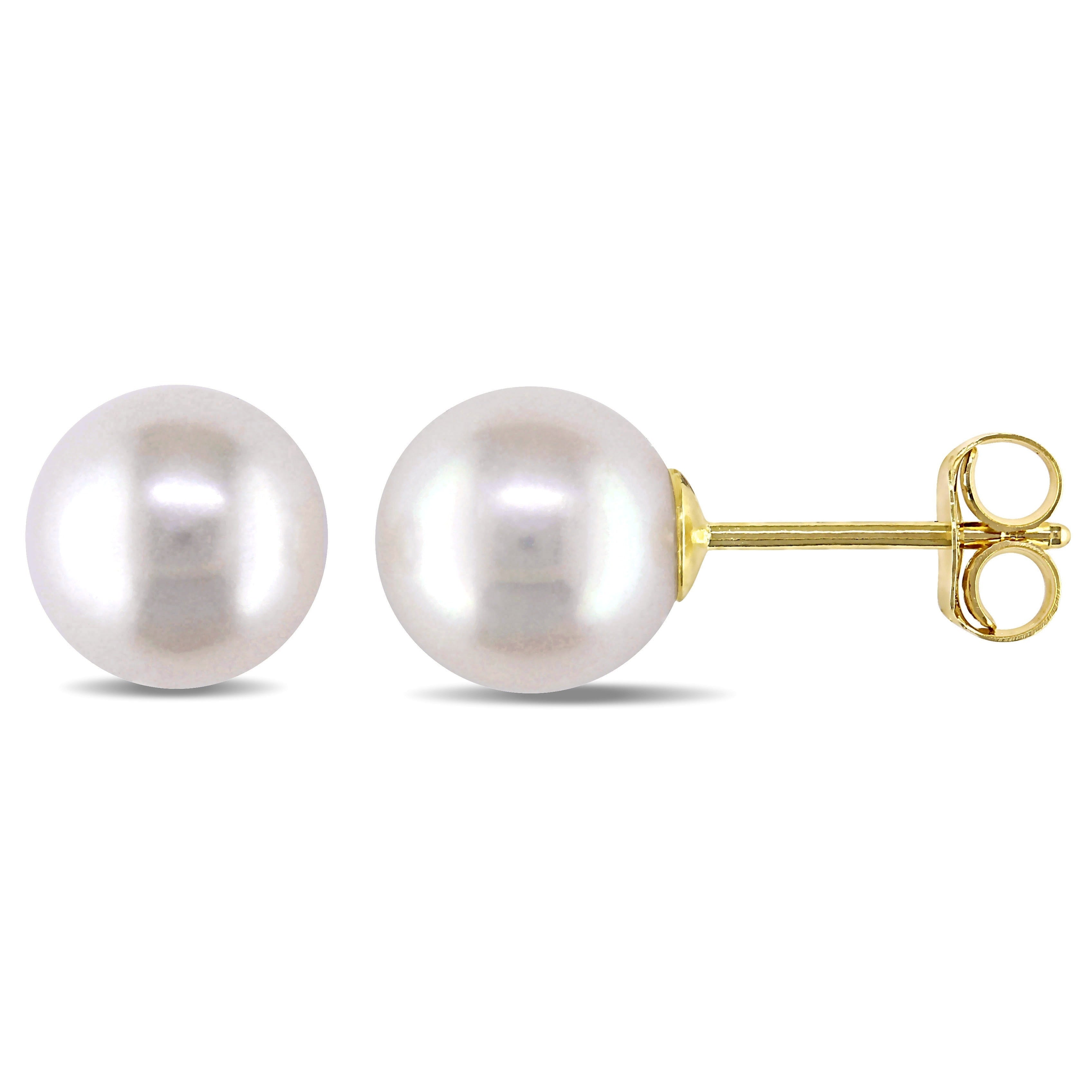 Miadora 14K Yellow Gold White Cultured Freshwater Pearl Stud Earrings 7 7.5 Mm