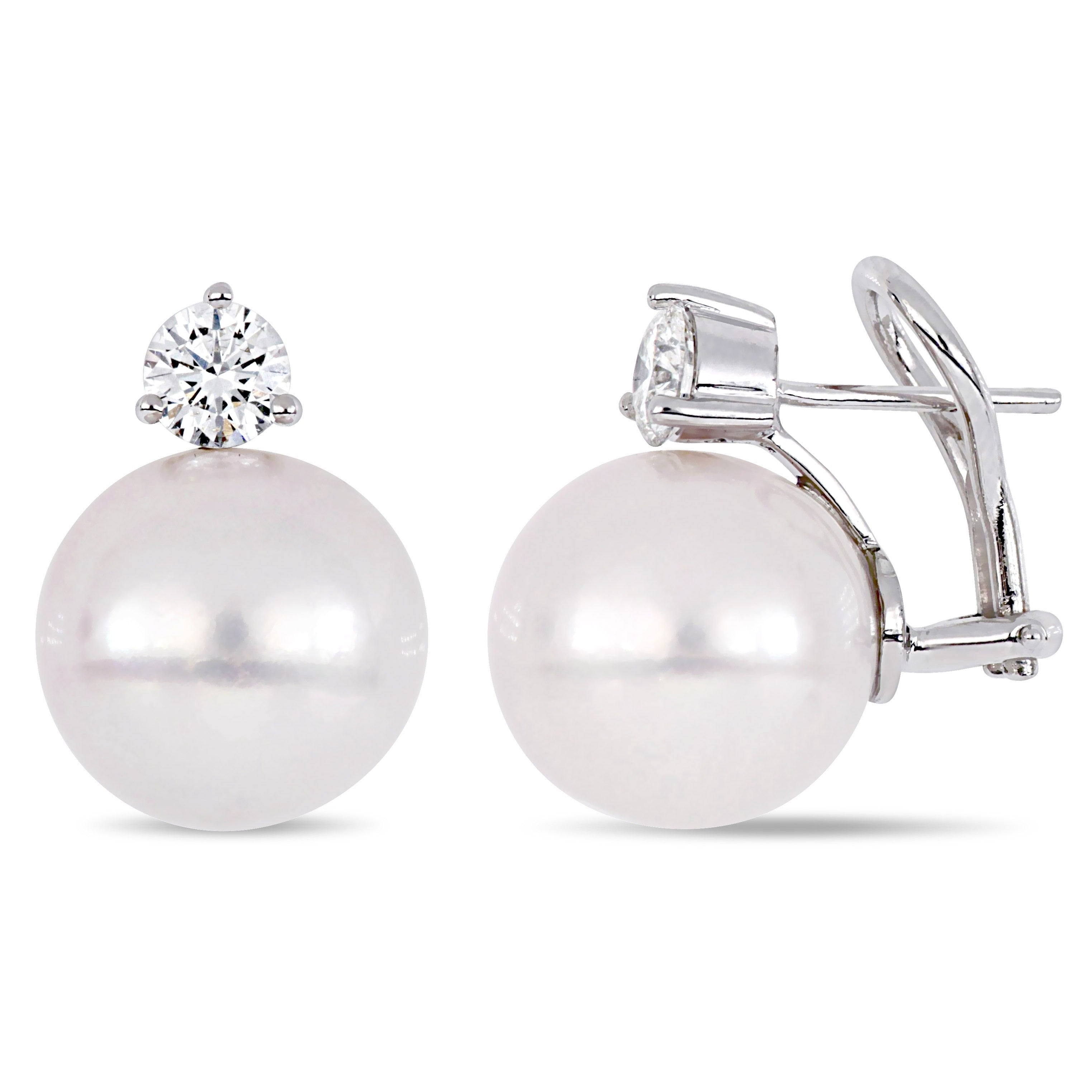 Miadora 18K White Gold Cultured Freshwater Pearl 1Ct Tdw Diamond Clipback Earrings 13 14Mm