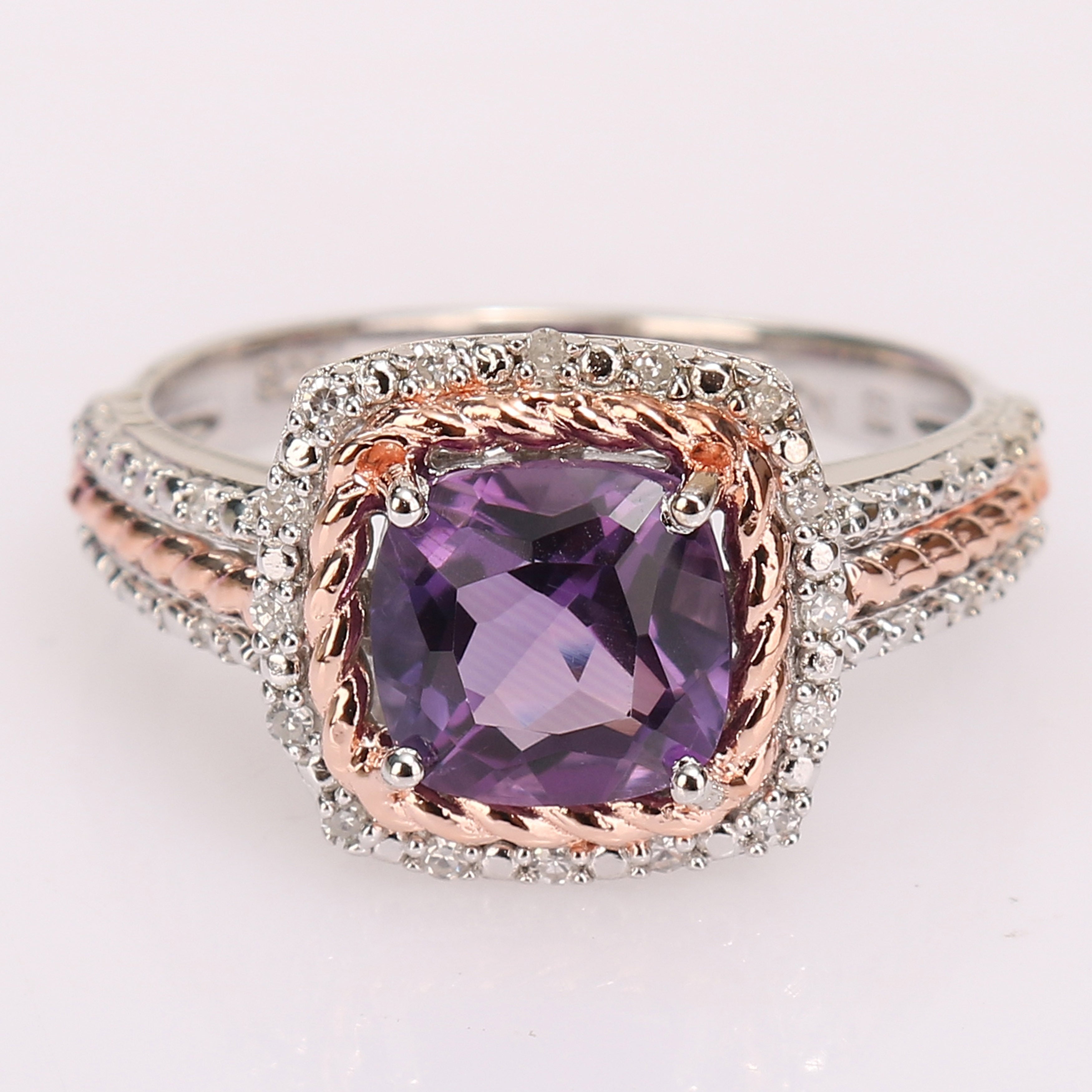 Miadora 2 Tone Sterling Silver Cushion Cut Amethyst 1 6Ct Tdw Diamond Multi Row Halo Engagement Ring