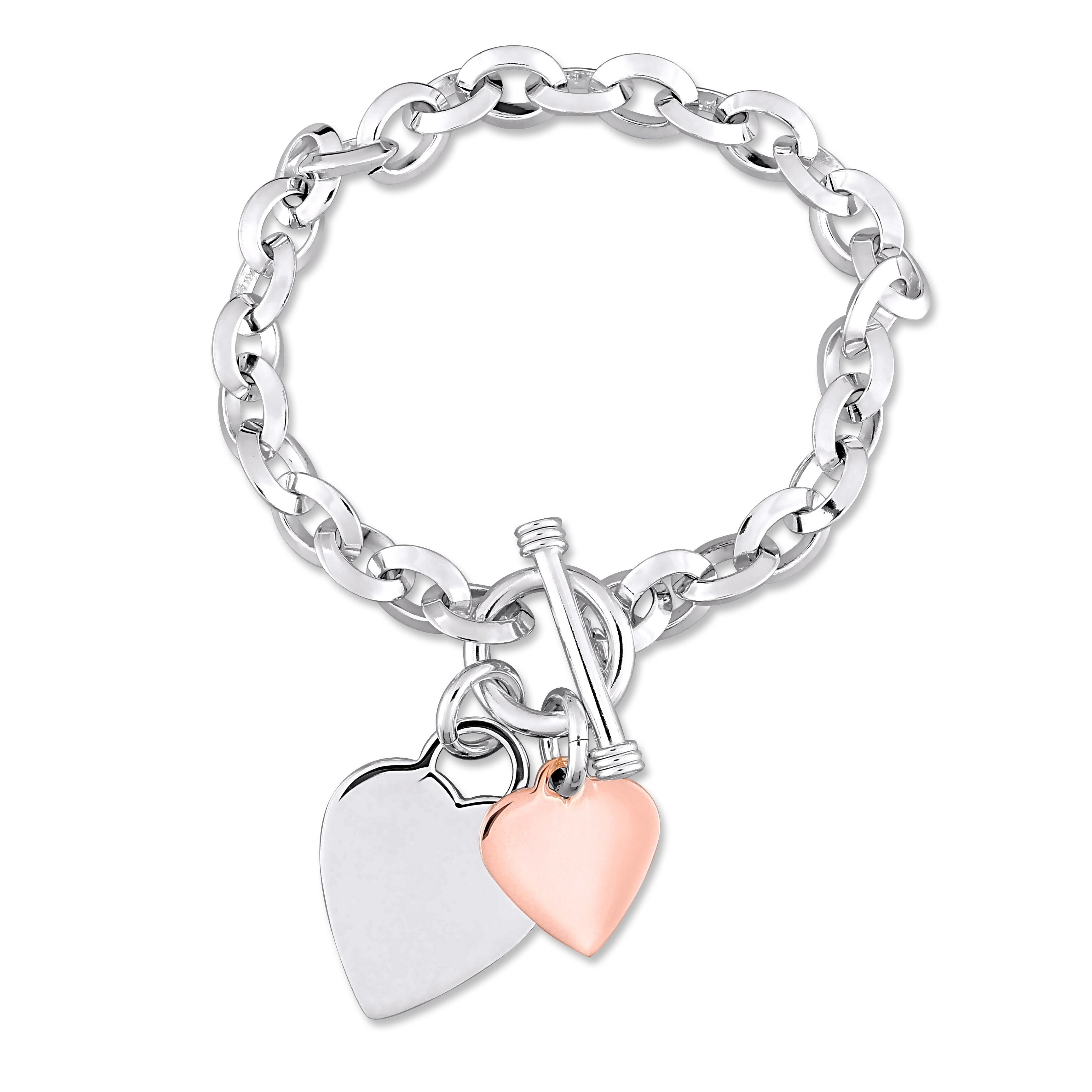Miadora 2 Tone White And Rose Plated Sterling Silver Double Heart Charm Bracelet