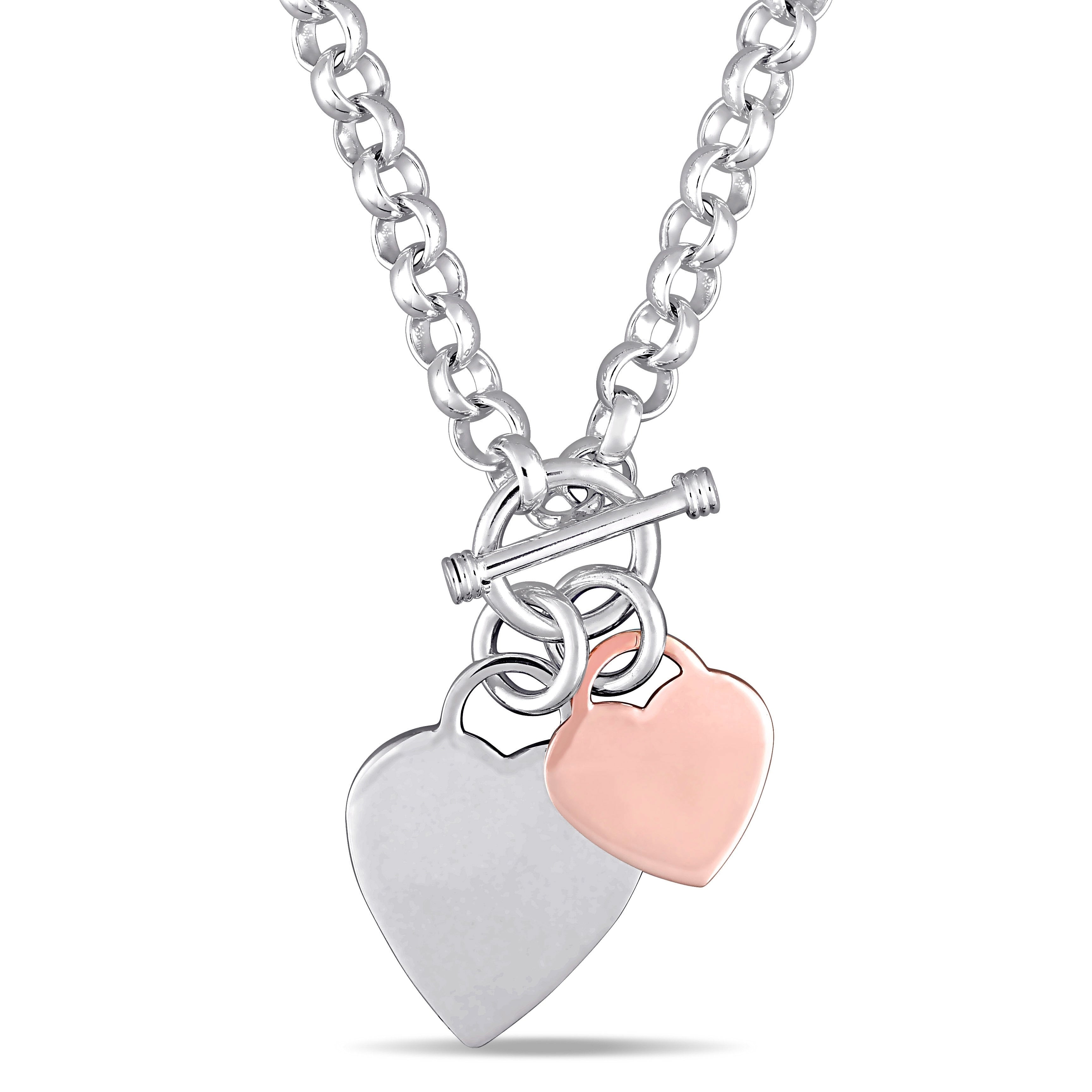 Miadora 2 Tone White And Rose Plated Sterling Silver Double Heart Charm Necklace