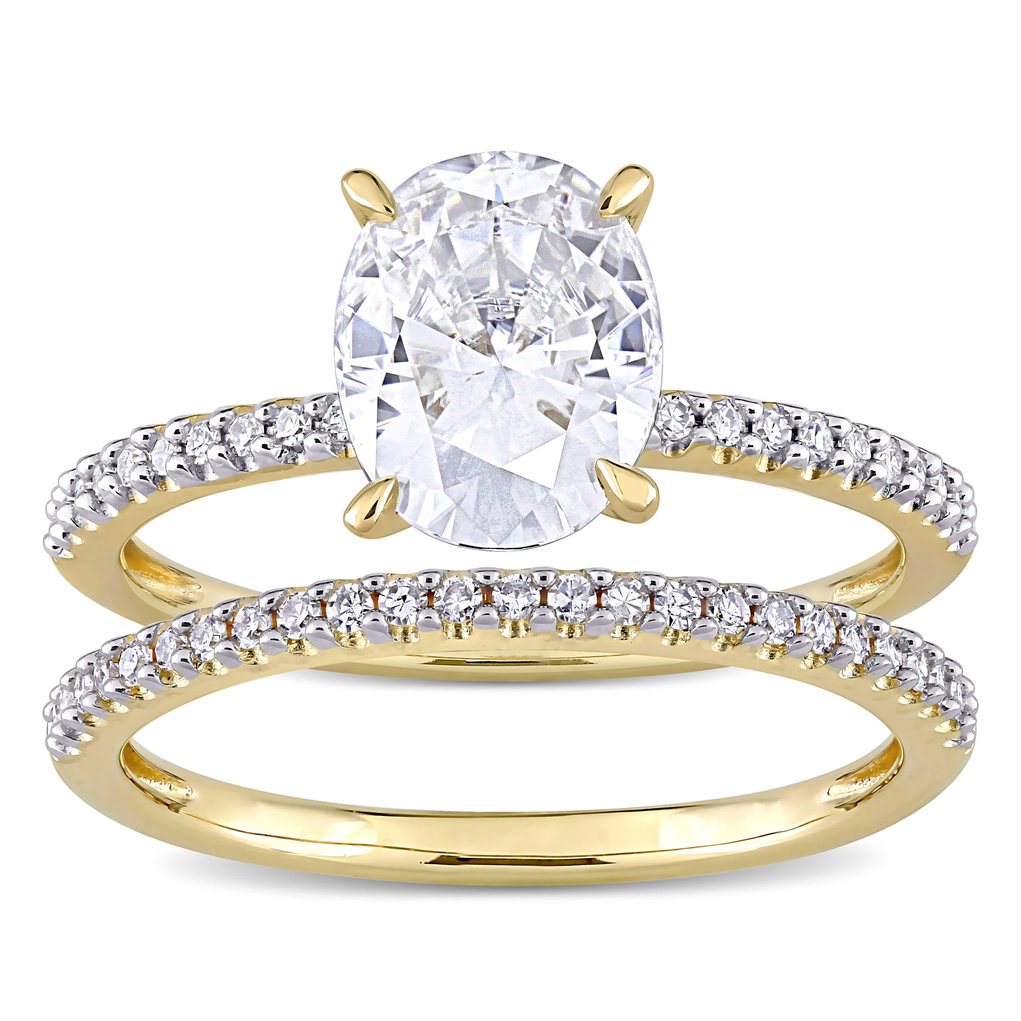 Moissanite By Miadora 14K Yellow Gold 2Ct Tgw Oval Cut Moissanite And 1 4Ct Tdw Diamond Bridal Set