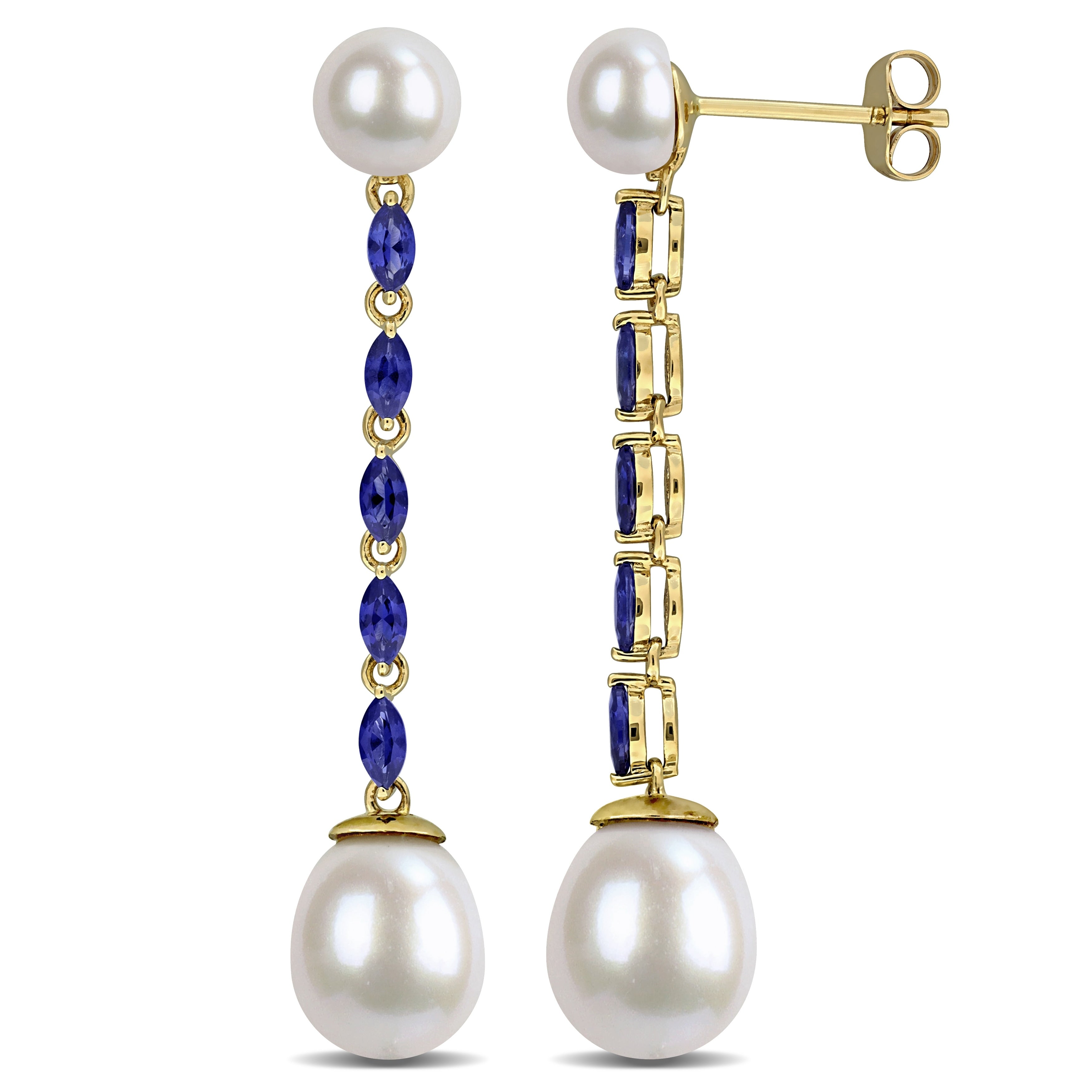 Miadora 6 8.5Mm Cultured Freshwater Pearl And 1.3 Ct Tgw Created Blue Sapphire Drop Earrings In 10K Yellow Gold