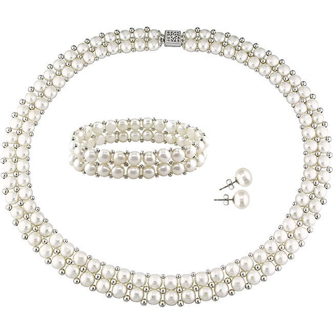 Miadora Sterling Silver Double Row Freshwater Cultured Pearl Strand Jewelry Set 6 8 Mm White