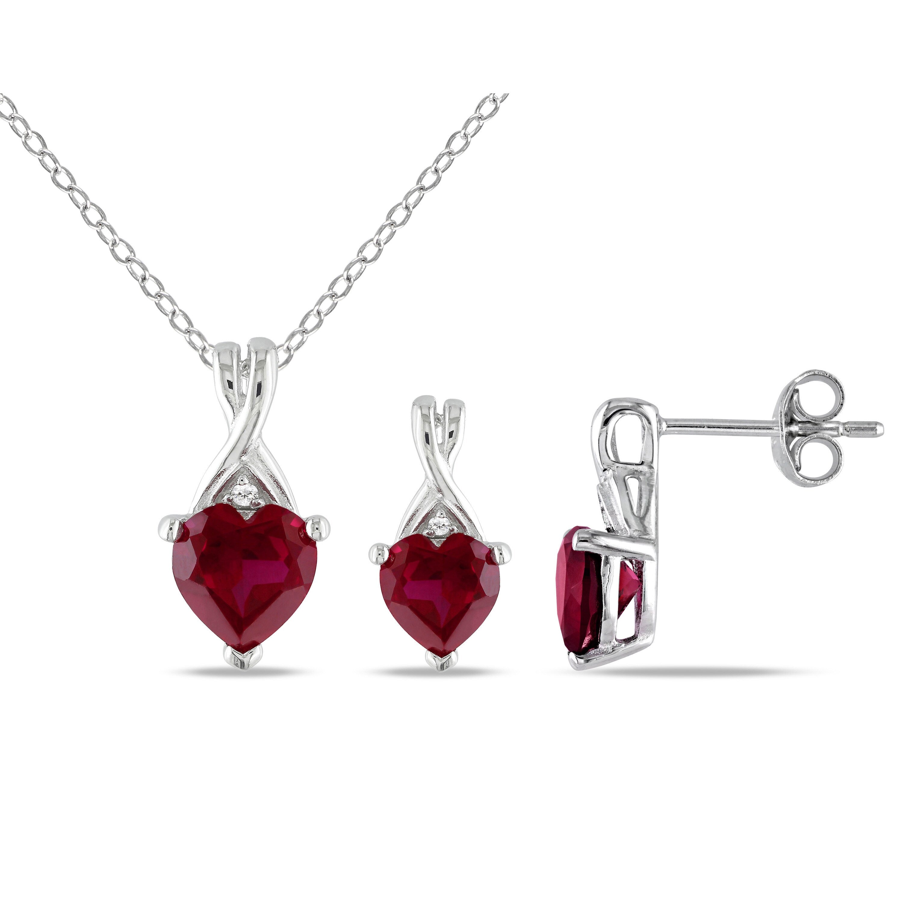 Miadora Created Ruby And Diamond Accent Twisted Heart Necklace And Earrings Set In Sterling Silver