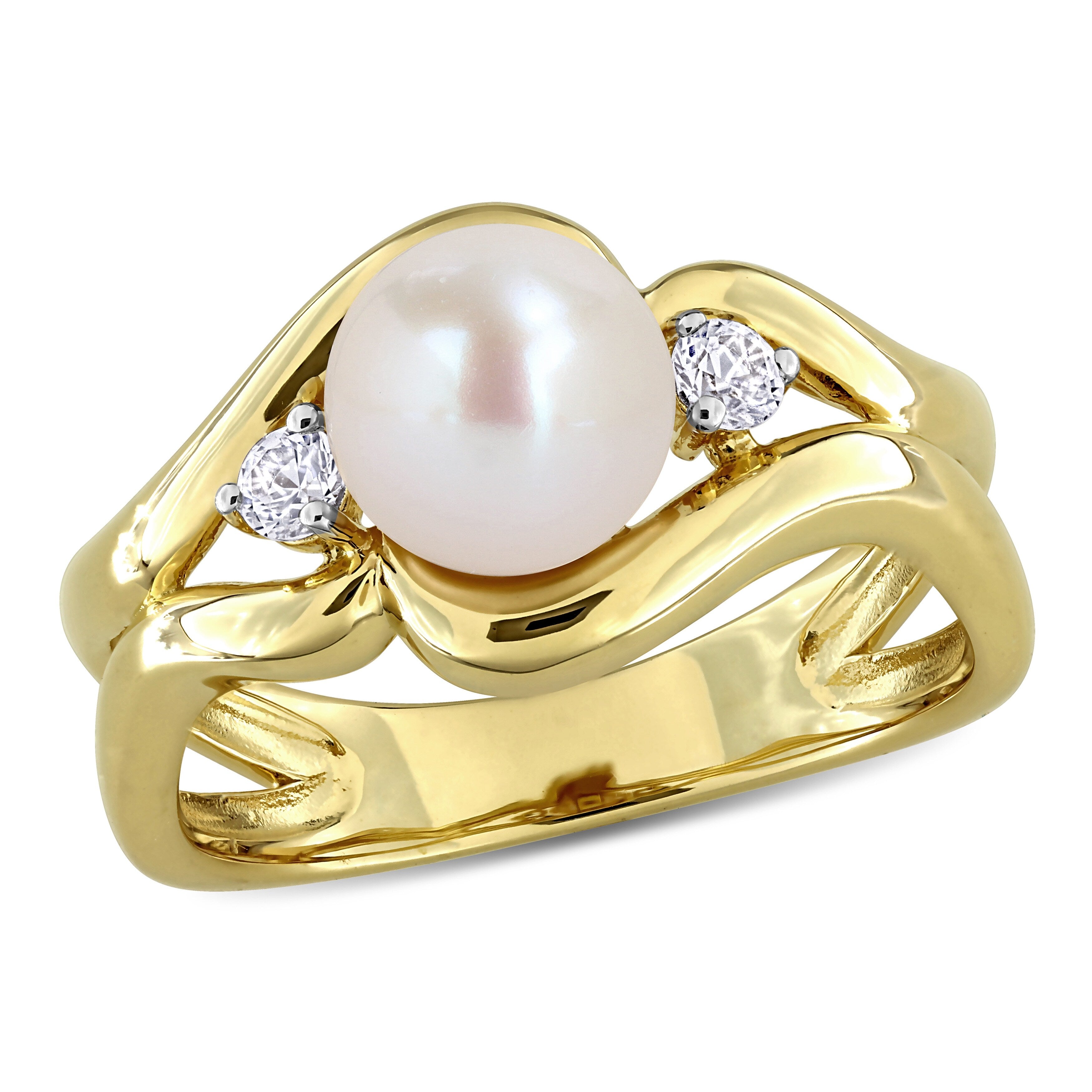 Miadora Cultured Freshwater Pearl 1 5Ct Tgw Created White Sapphire Ring Yellow Silver