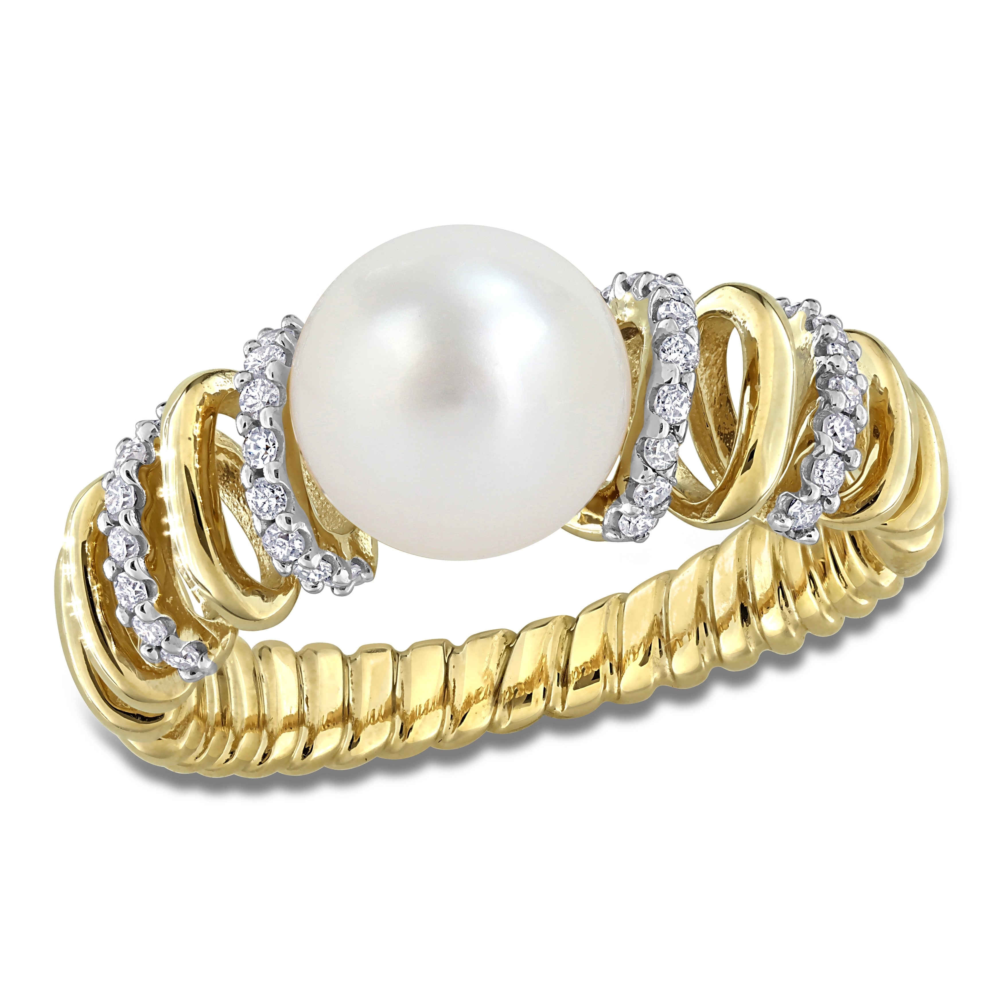 Miadora Cultured Freshwater Pearl 1 6Ct Tw Diamond Spiral Ring 10K Yellow Gold