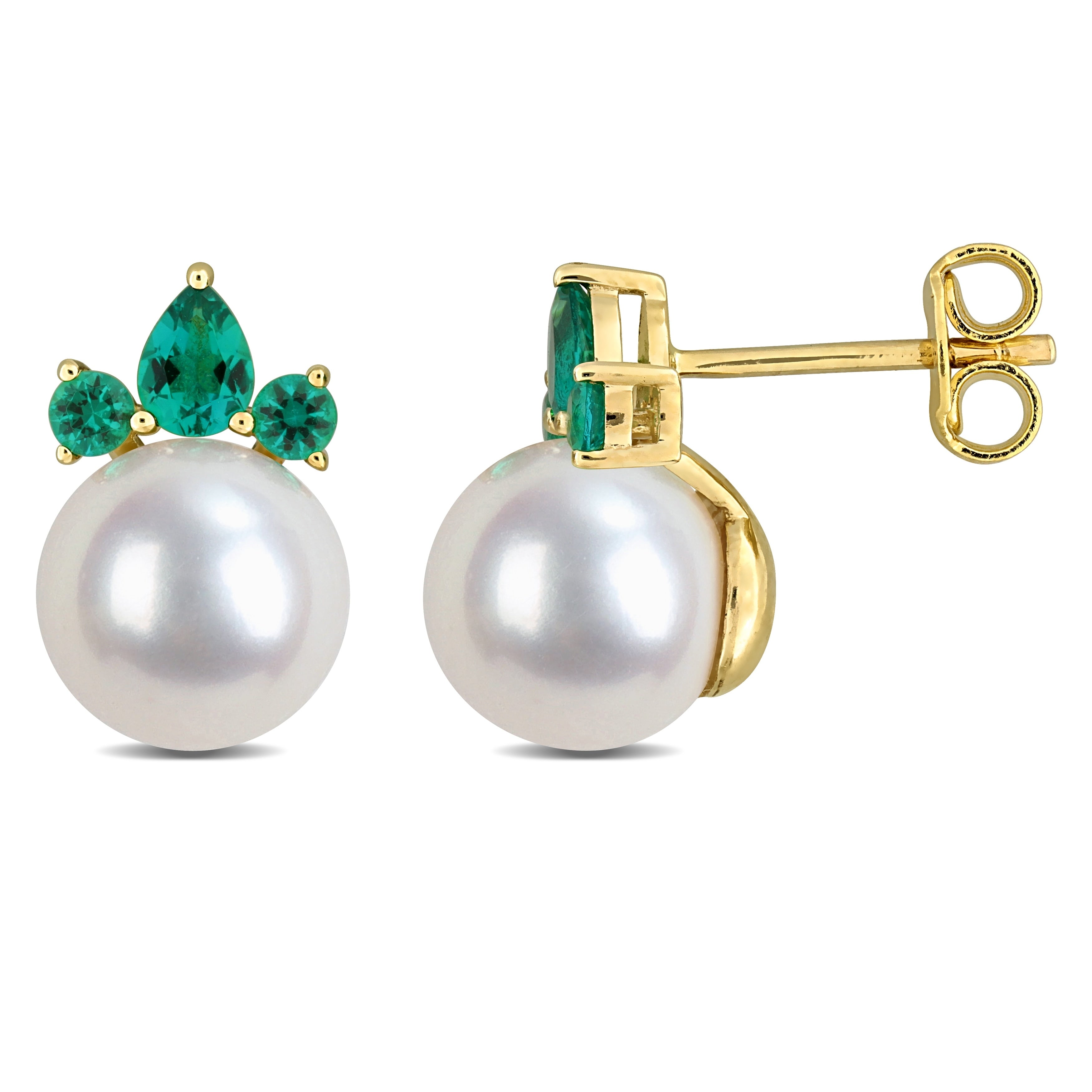 Miadora Cultured Freshwater Pearl And Gemstone Stud Earrings White Or Yellow 14K Gold
