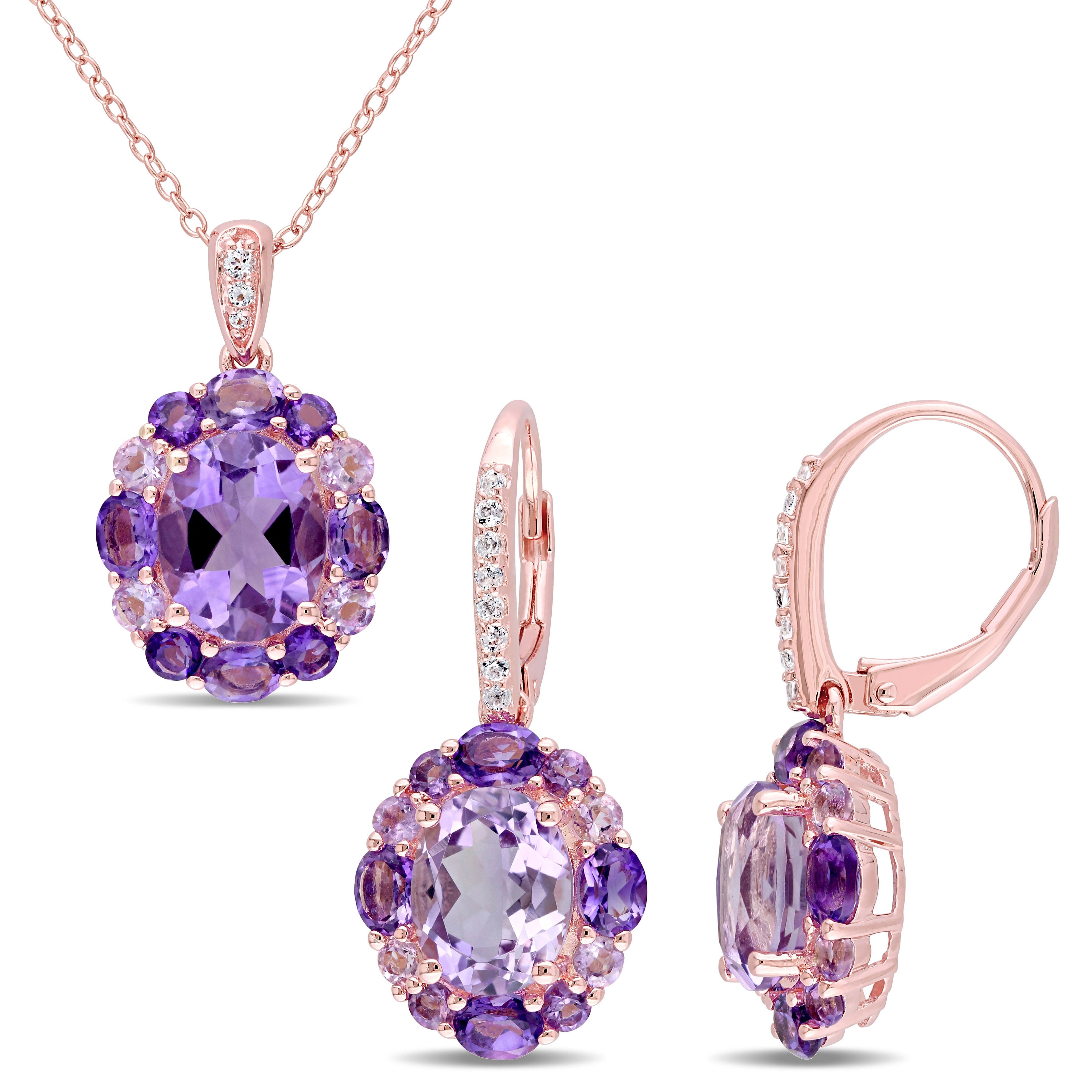 Miadora Rose Plated Sterling Silver African Brazilian Amethyst White Topaz And Rose De France Necklace Earrings Set