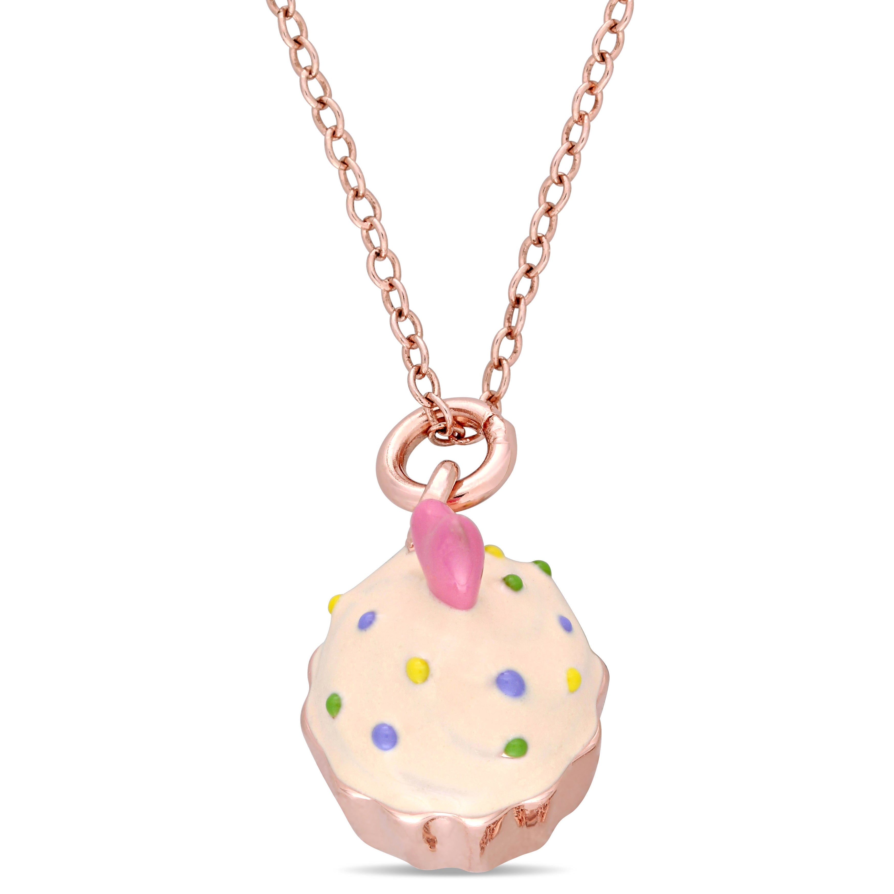 Miadora Rose Plated Sterling Silver Childrens Multi Color Enamel Cupcake Pendant With Chain