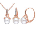 Miadora Rose Plated Sterling Silver Cultured Pearl 1 10Ct Tdw Diamond Necklace And Leverback Earrings Set G H I2 I3 8 8.5Mm
