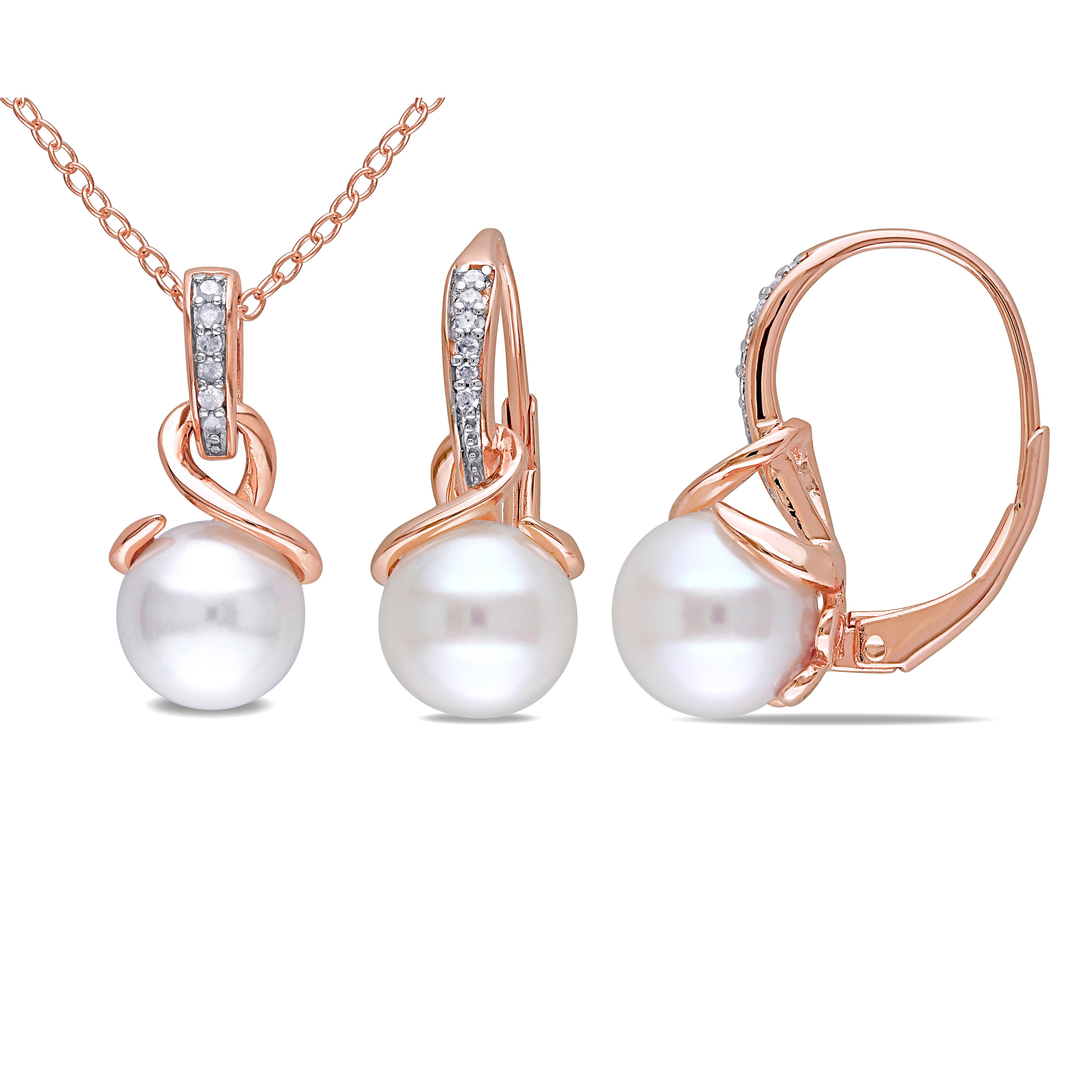 Miadora Rose Plated Sterling Silver Cultured Pearl 1 10Ct Tdw Diamond Necklace And Leverback Earrings Set G H I2 I3 8 8.5Mm
