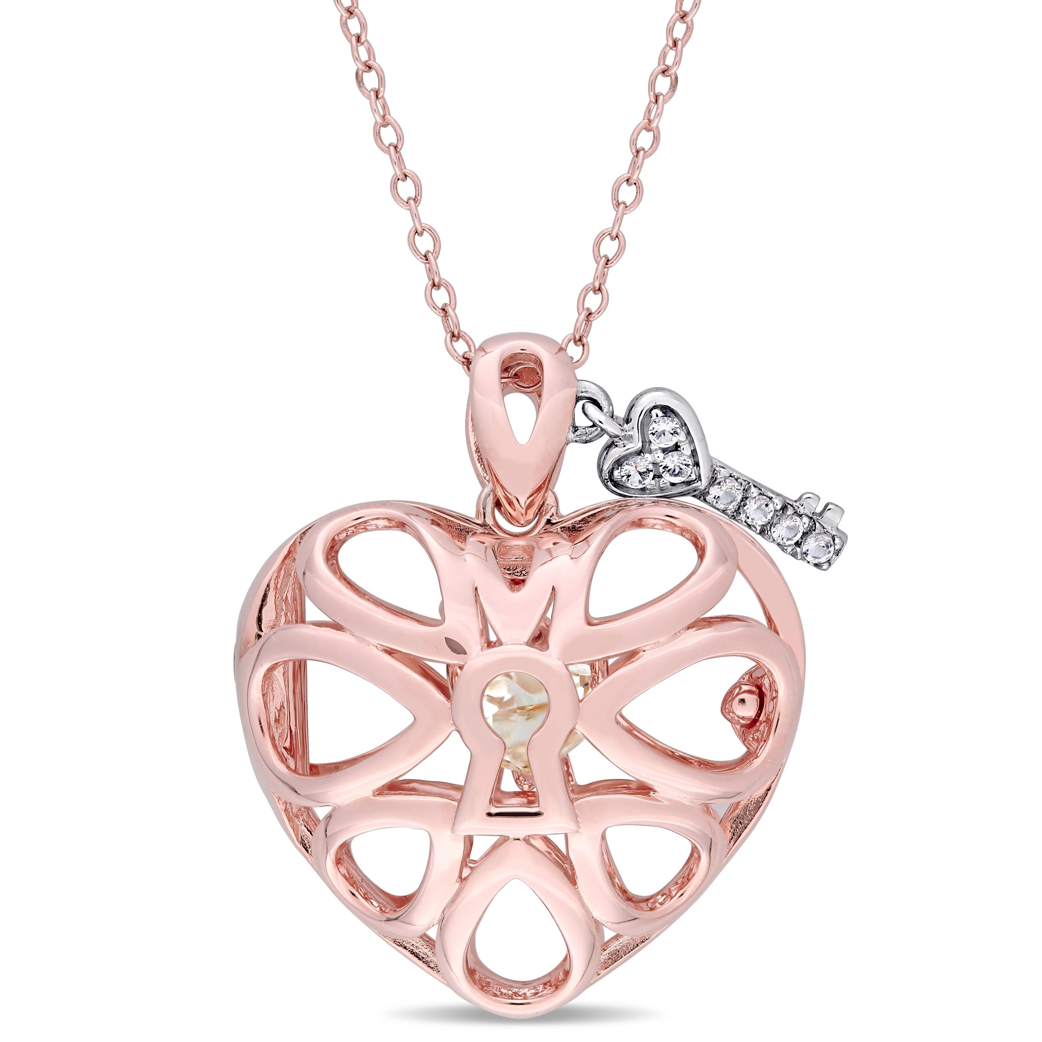 Miadora Rose Plated Sterling Silver Heart Cut White Topaz Openwork Locket With Centered Lock And Studded Key Necklace