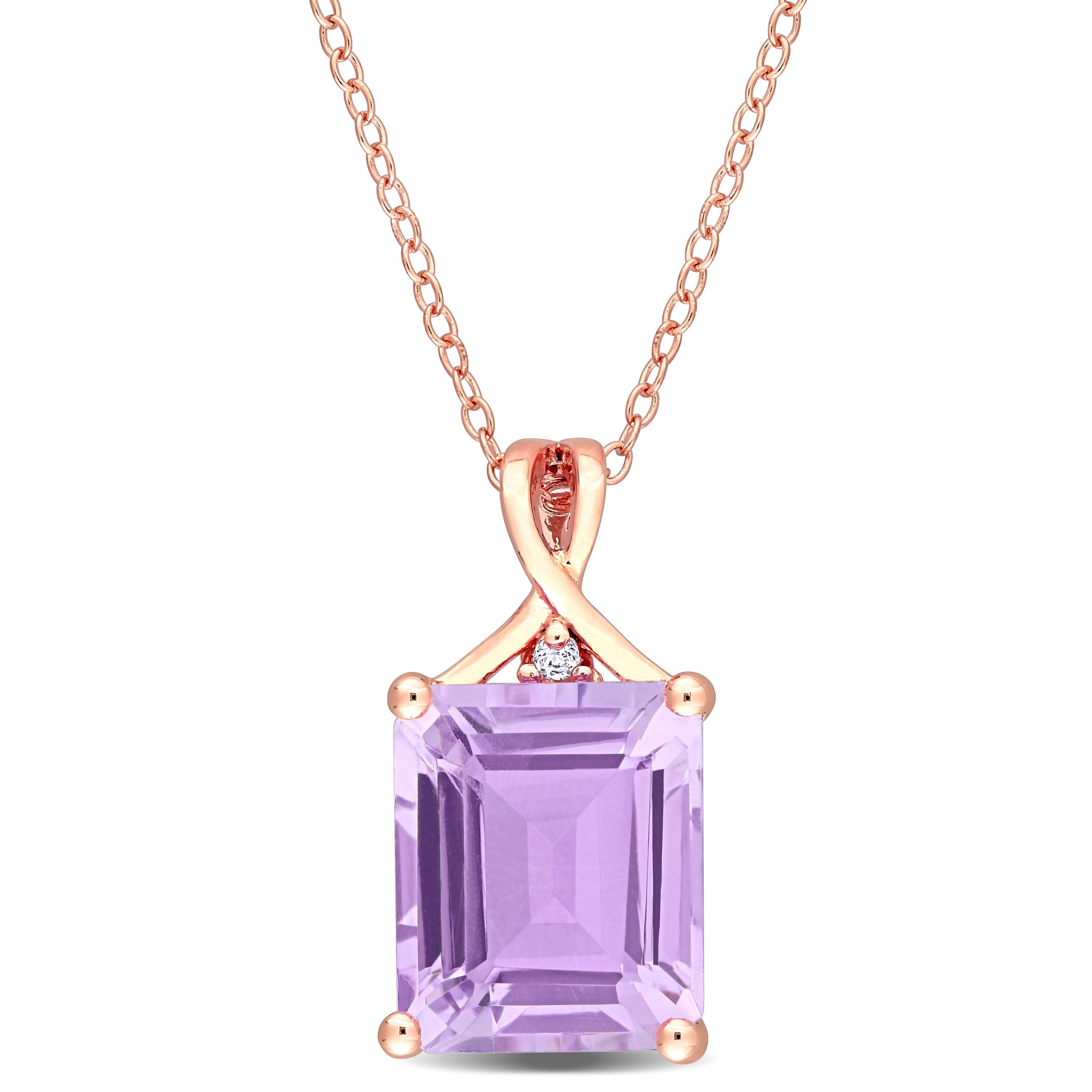Miadora Rose Plated Sterling Silver Octagon Cut Rose De France White Topaz Solitaire Drop Necklace