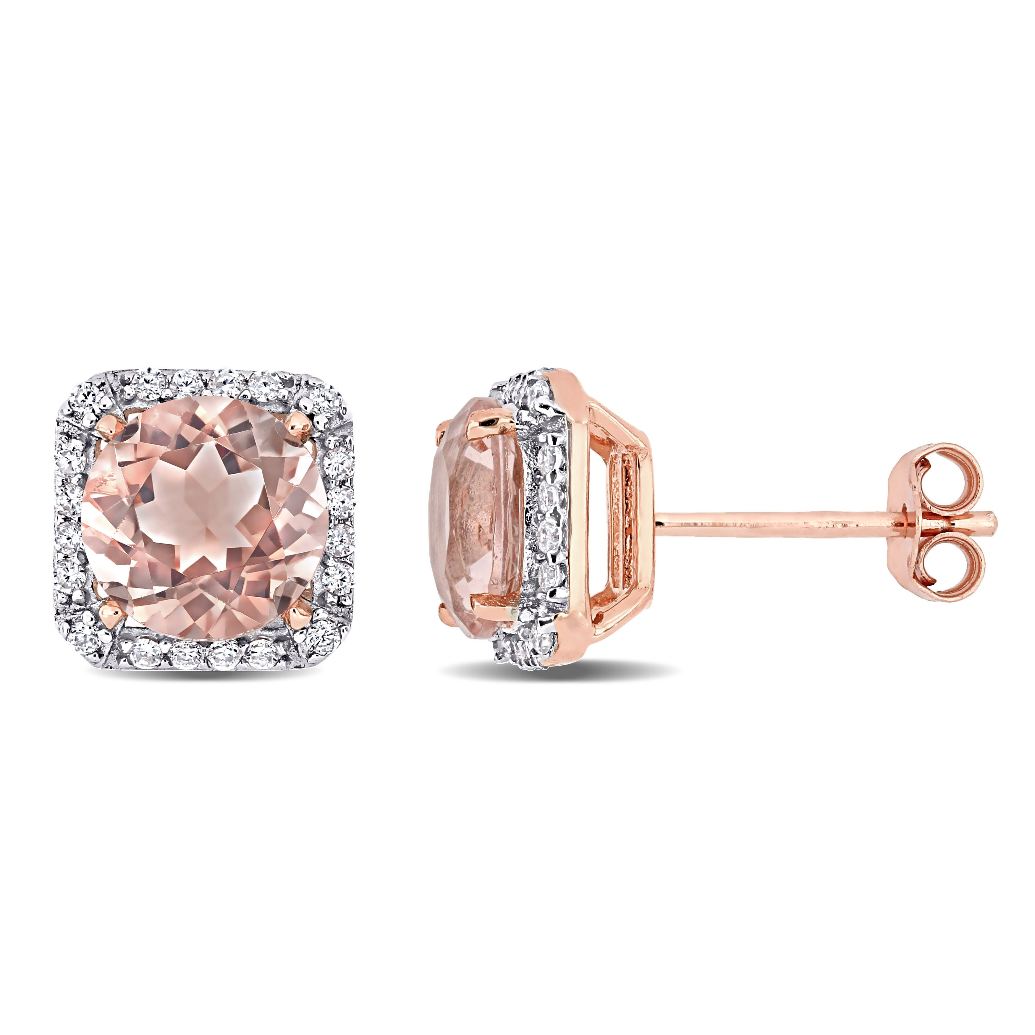 Miadora Rose Plated Sterling Silver Simulated Morganite Cubic Zirconia Cushion Halo Stud Earrings 8.7Mm X 6.1Mm
