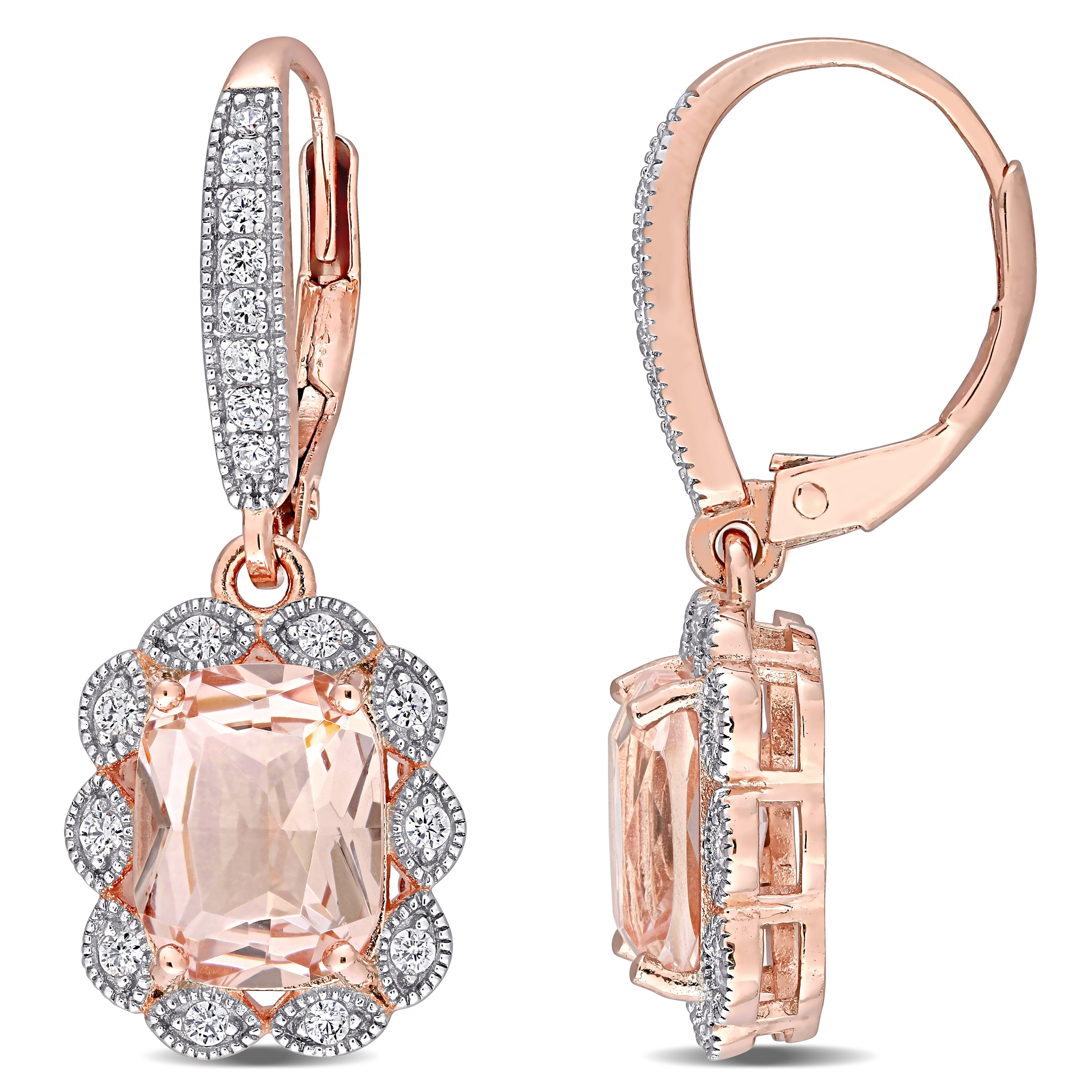 Miadora Rose Plated Sterling Silver Simulated Morganite Cubic Zirconia Halo Leverback Earrings 10.7Mm X 11Mm